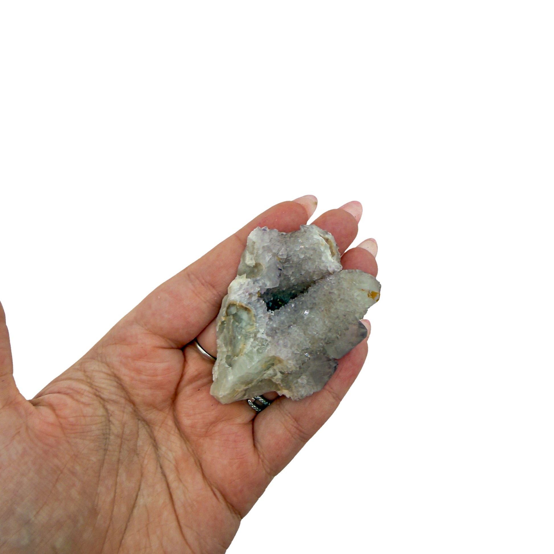 AA-grade cactus spirit quartz specimen from Mpumalanga South Africa, held in an open hand, showing true scale, 2.09 in L x 1 in W x 2.14 in H, 0.14 pounds, specimen 1.