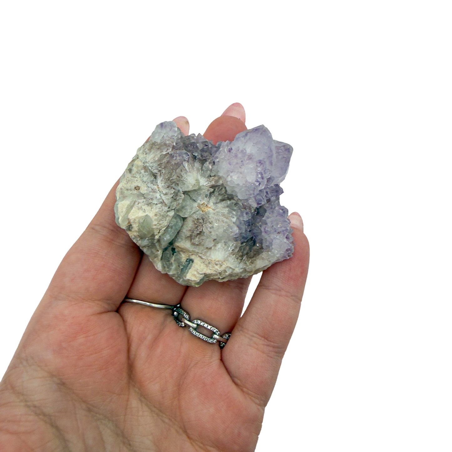 AA-grade cactus spirit quartz specimen from Mpumalanga South Africa, held in an open hand, showing true scale, 2.03 in L x 1.77 in W x 1.37 in H, 0.18 pounds, specimen 20.