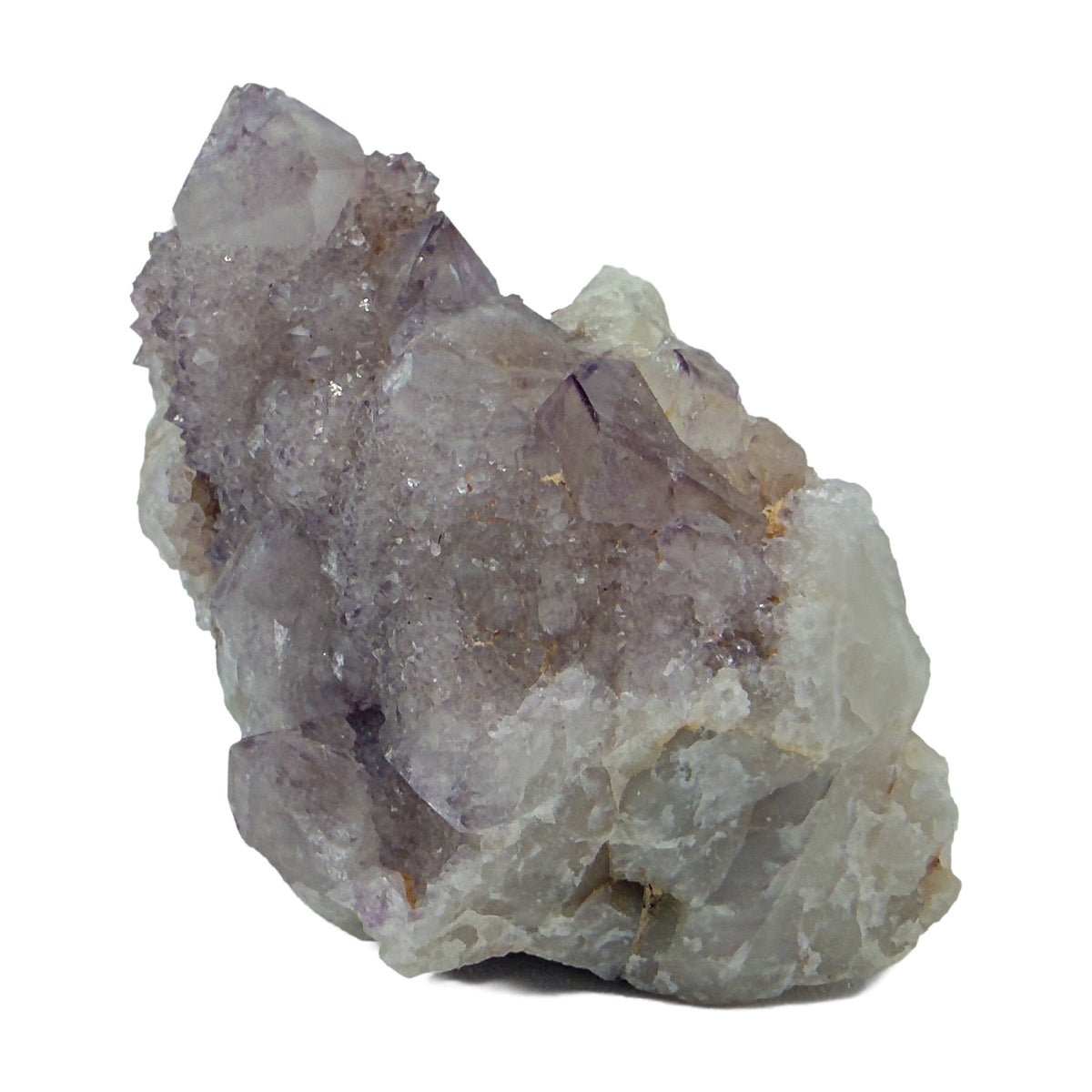 AA-grade cactus spirit quartz specimen from Mpumalanga South Africa, angled three-quarter view showing depth of the crystal coating, 1.95 in L x 1.73 in W x 1.80 in H, 0.20 pounds, specimen 21.