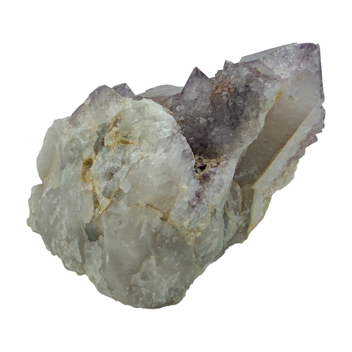 AA-grade cactus spirit quartz specimen from Mpumalanga South Africa, right profile, lavender and clear terminations across the body, 1.95 in L x 1.73 in W x 1.80 in H, 0.20 pounds, specimen 21.