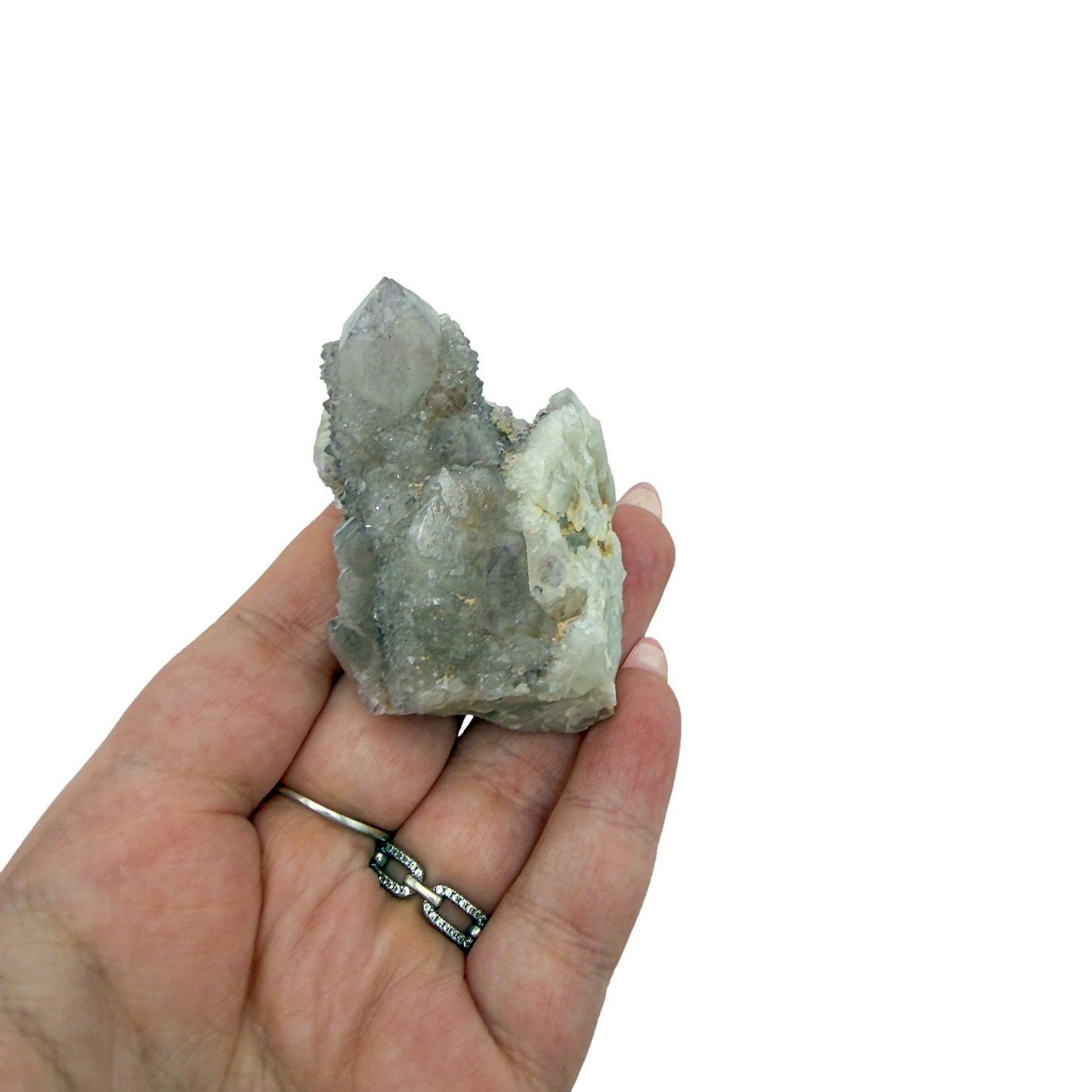 AA-grade cactus spirit quartz specimen from Mpumalanga South Africa, held in an open hand, showing true scale, 1.95 in L x 1.73 in W x 1.80 in H, 0.20 pounds, specimen 21.