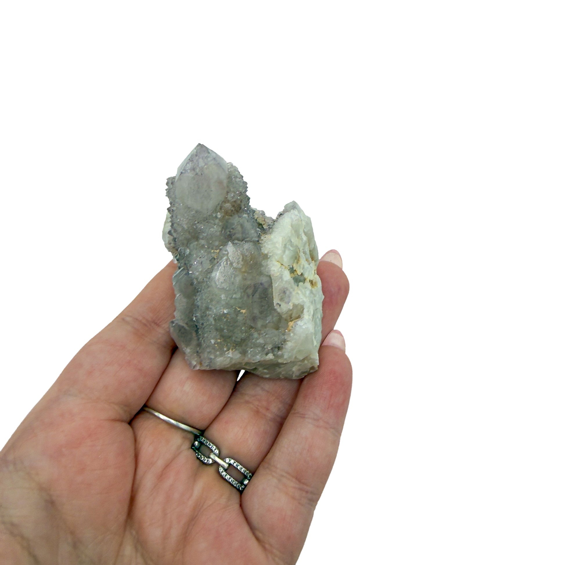 AA-grade cactus spirit quartz specimen from Mpumalanga South Africa, held in an open hand, showing true scale, 1.95 in L x 1.73 in W x 1.80 in H, 0.20 pounds, specimen 21.