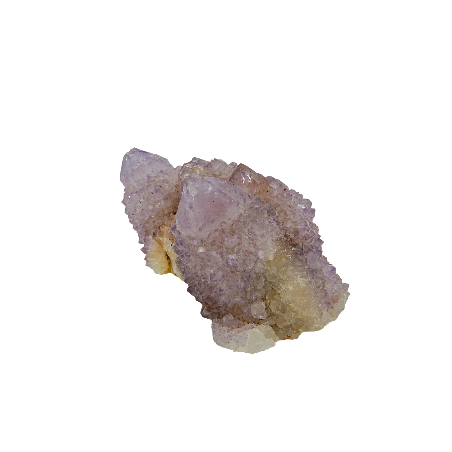 AA-grade cactus spirit quartz specimen from Mpumalanga South Africa, angled three-quarter view showing depth of the crystal coating, 2.19 in L x 1.57 in W x 1.36 in H, 0.18 pounds, specimen 22.