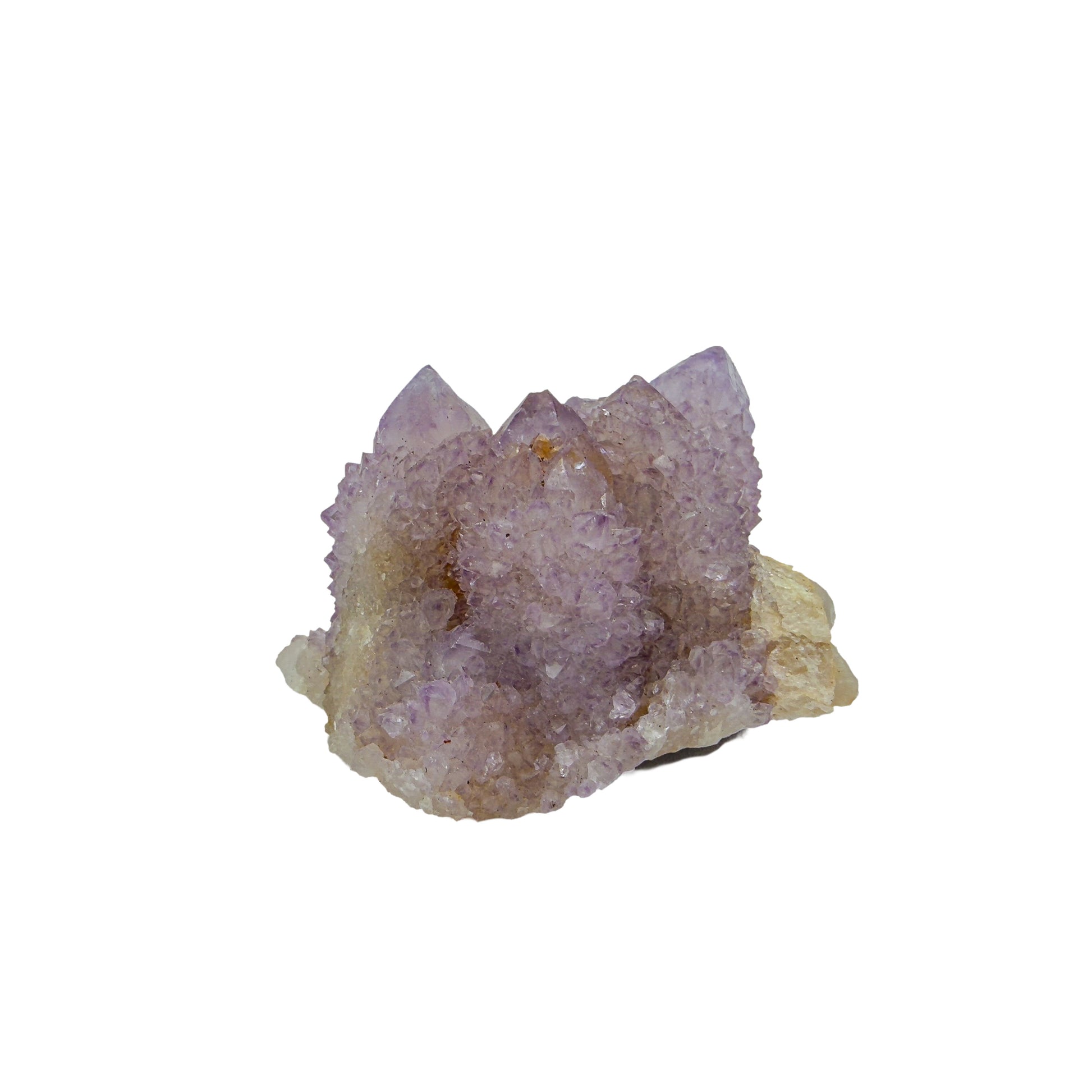 AA-grade cactus spirit quartz specimen from Mpumalanga South Africa, left profile, individual spirit quartz points catching the light, 2.19 in L x 1.57 in W x 1.36 in H, 0.18 pounds, specimen 22.