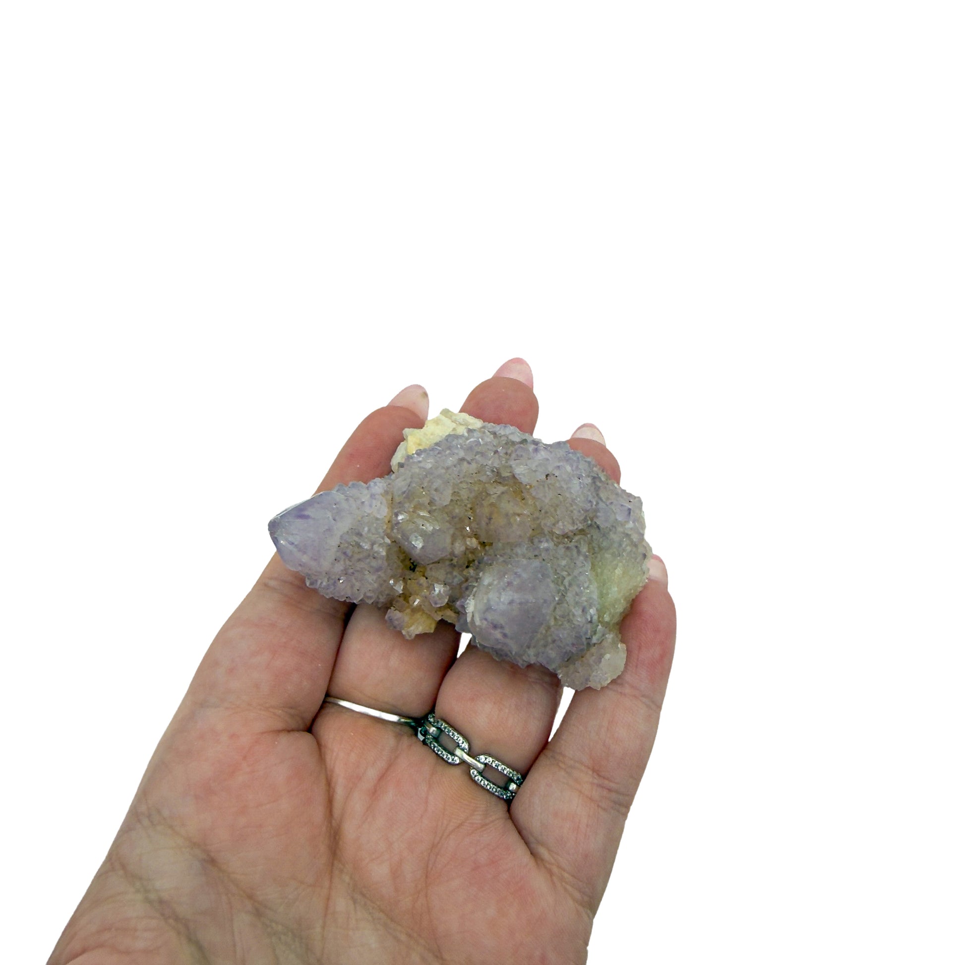 AA-grade cactus spirit quartz specimen from Mpumalanga South Africa, held in an open hand, showing true scale, 2.19 in L x 1.57 in W x 1.36 in H, 0.18 pounds, specimen 22.