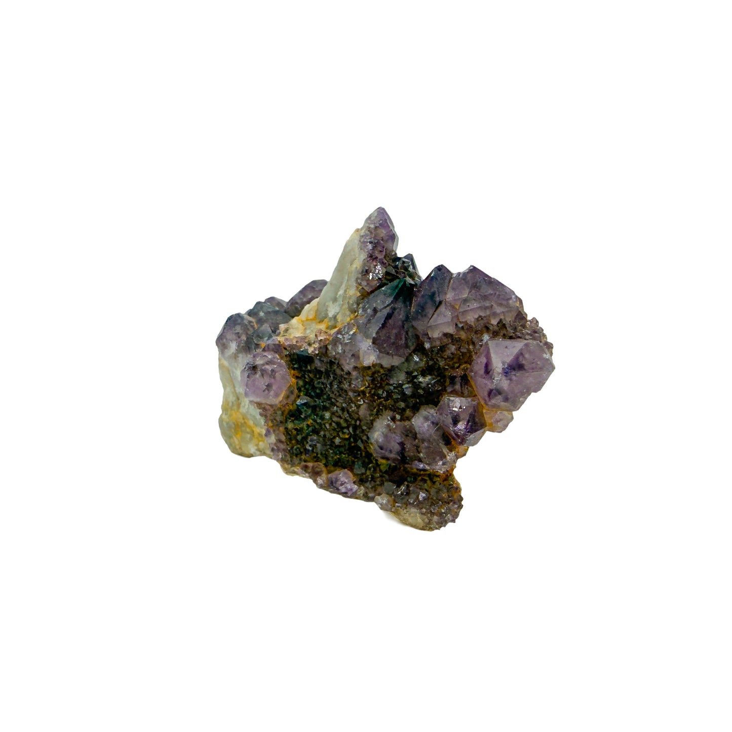 AA-grade cactus spirit quartz specimen from Mpumalanga South Africa, angled three-quarter view showing depth of the crystal coating, 2.73 in L x 1.59 in W x 1.67 in H, 0.25 pounds, specimen 23.