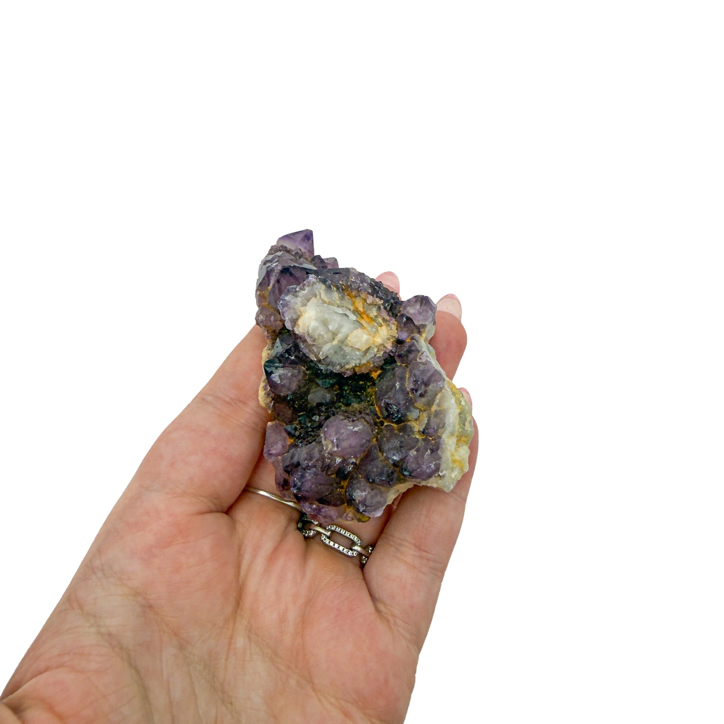 AA-grade cactus spirit quartz specimen from Mpumalanga South Africa, held in an open hand, showing true scale, 2.73 in L x 1.59 in W x 1.67 in H, 0.25 pounds, specimen 23.
