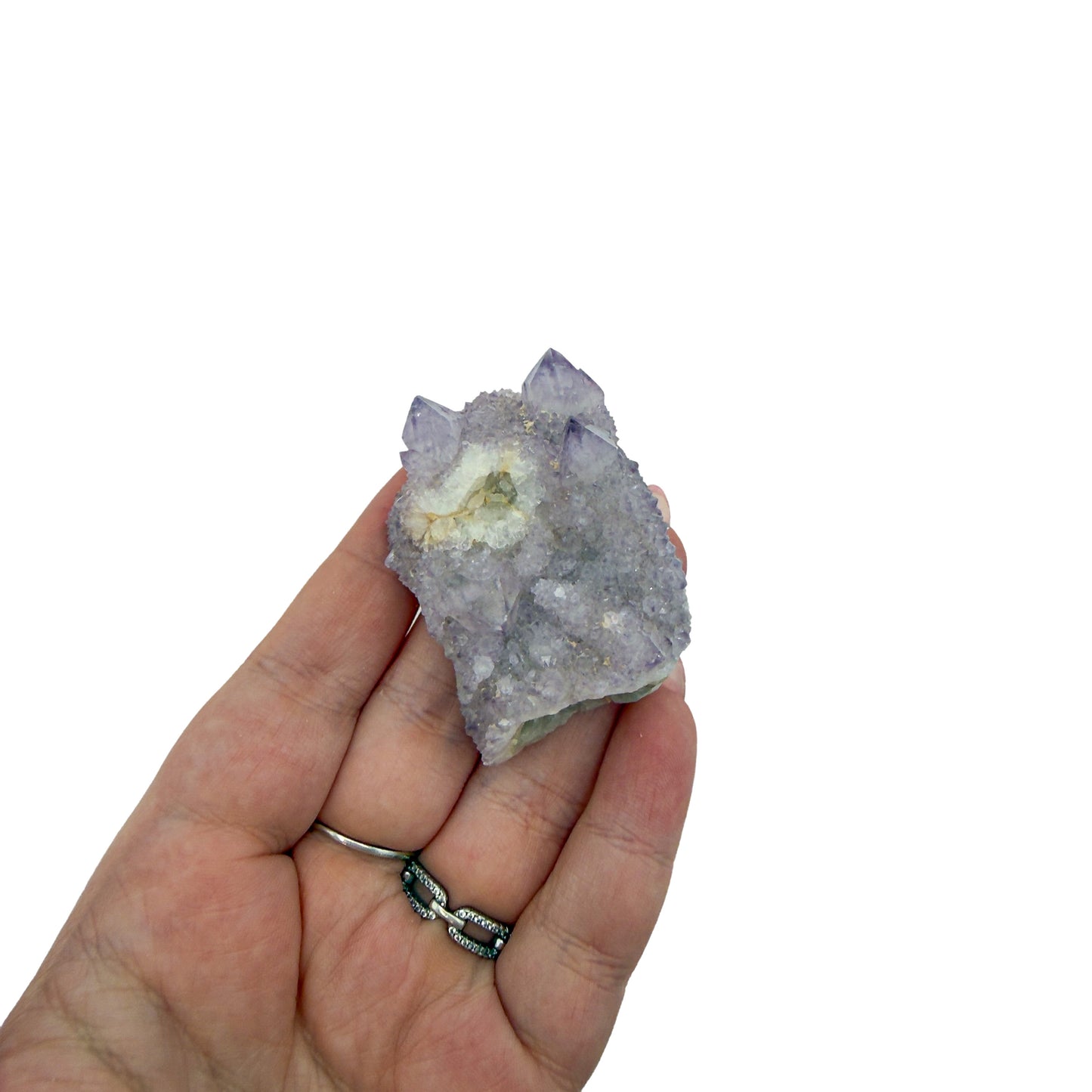 AA-grade cactus spirit quartz specimen from Mpumalanga South Africa, held in an open hand, showing true scale, 1.96 in L x 1.41 in W x 0.94 in H, 0.14 pounds, specimen 24.