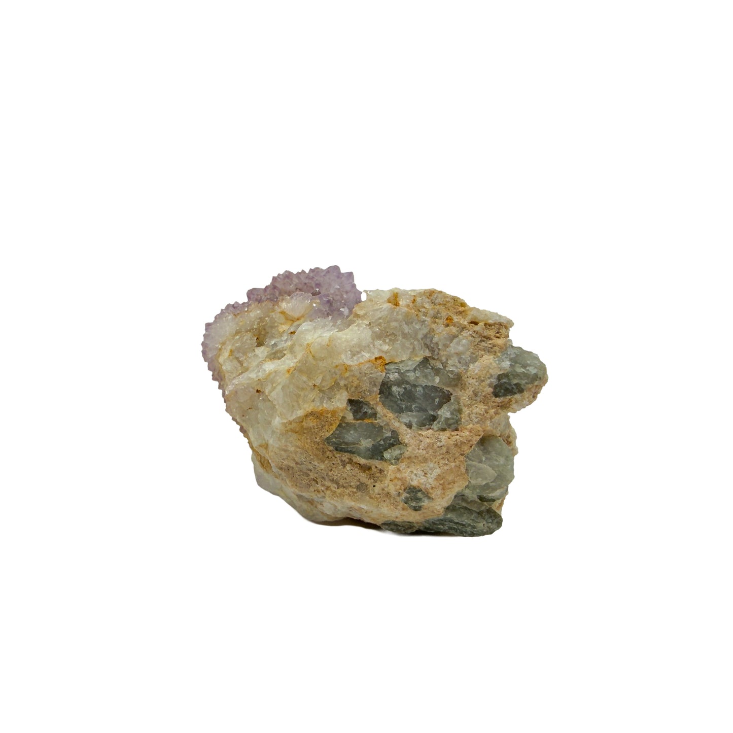 AA-grade cactus spirit quartz specimen from Mpumalanga South Africa, right profile, lavender and clear terminations across the body, 2.19 in L x 1.42 in W x 1.61 in H, 0.19 pounds, specimen 2.