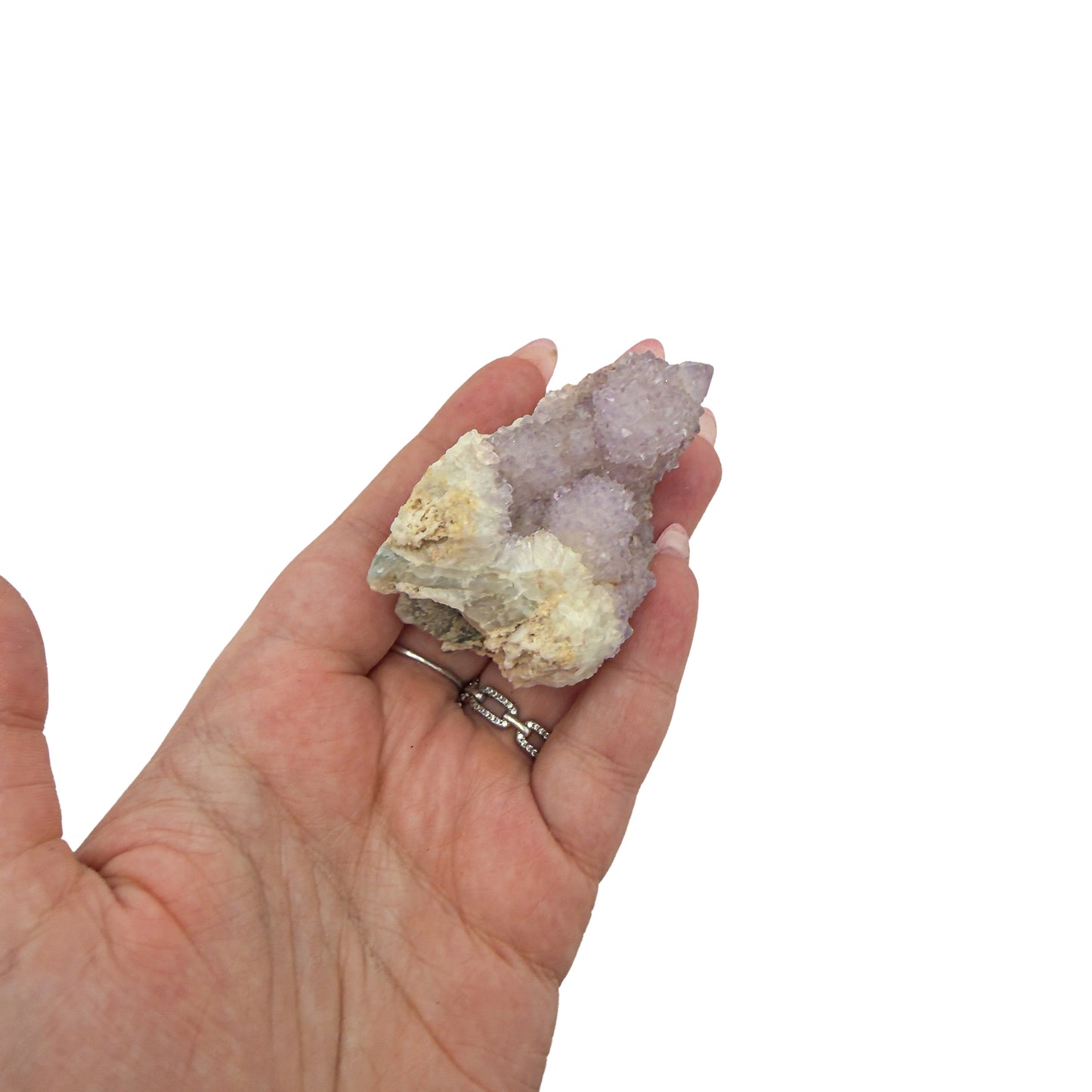 AA-grade cactus spirit quartz specimen from Mpumalanga South Africa, held in an open hand, showing true scale, 2.19 in L x 1.42 in W x 1.61 in H, 0.19 pounds, specimen 2.