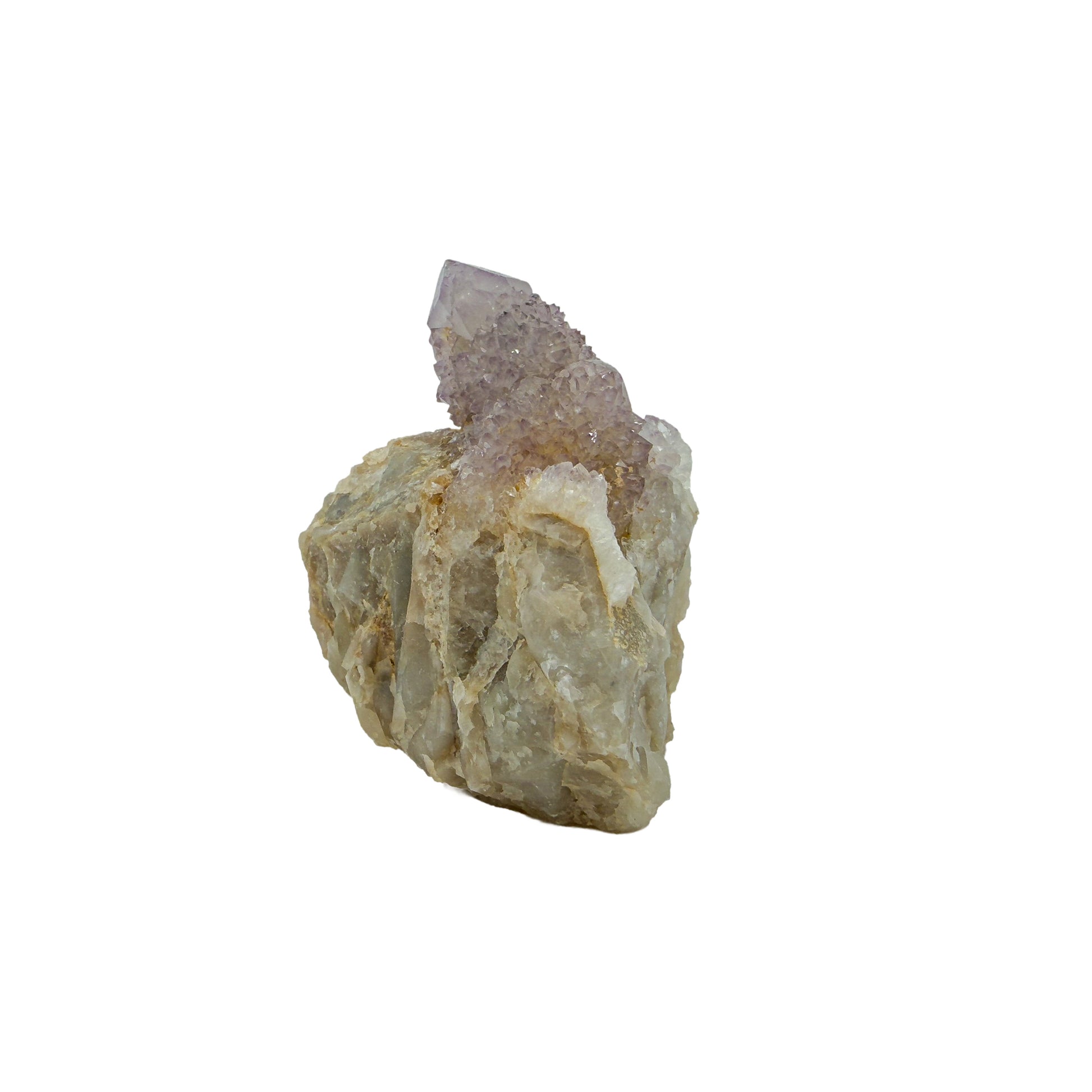 AA-grade cactus spirit quartz specimen from Mpumalanga South Africa, angled three-quarter view showing depth of the crystal coating, 1.83 in L x 1.22 in W x 1.85 in H, 0.19 pounds, specimen 3.