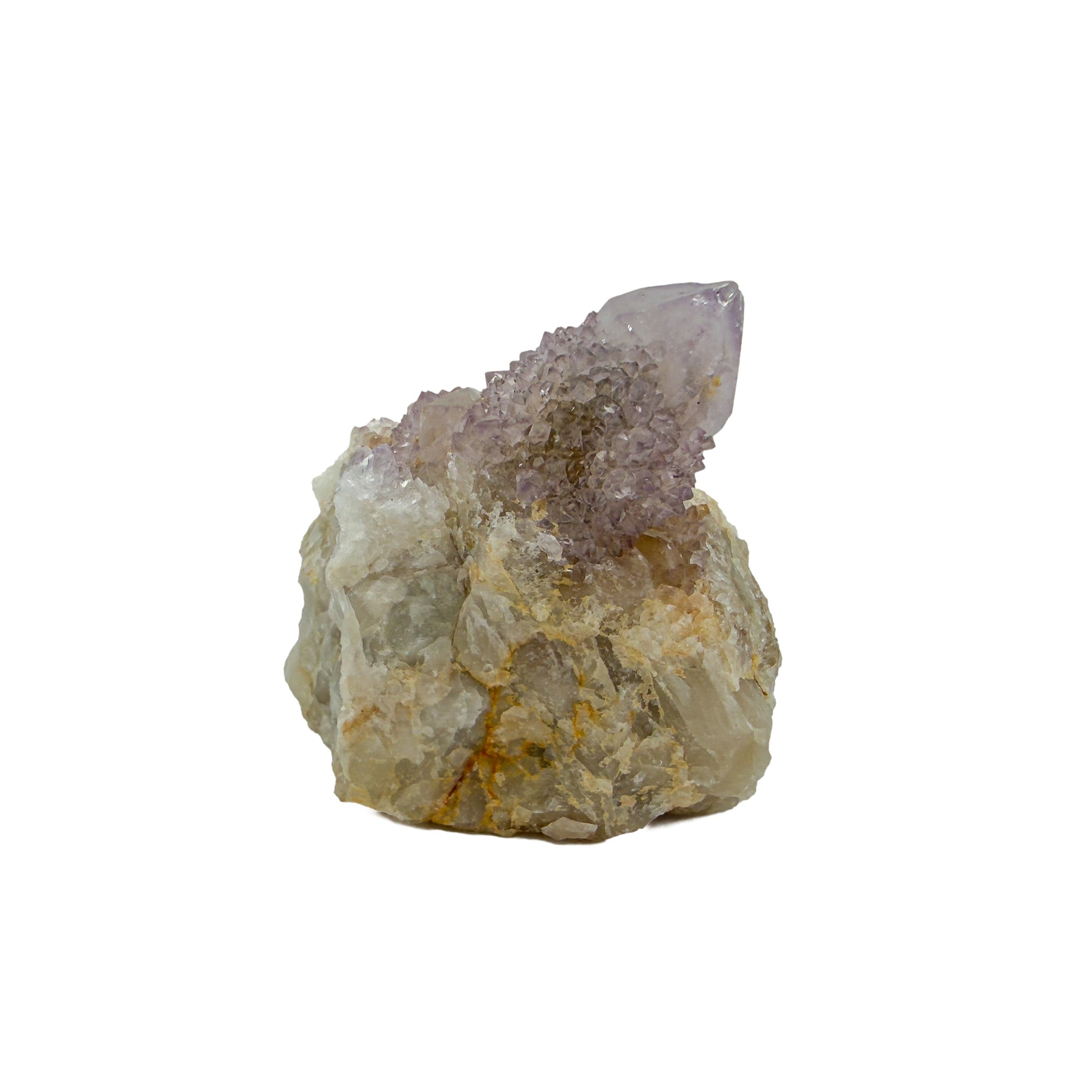 AA-grade cactus spirit quartz specimen from Mpumalanga South Africa, right profile, lavender and clear terminations across the body, 1.83 in L x 1.22 in W x 1.85 in H, 0.19 pounds, specimen 3.