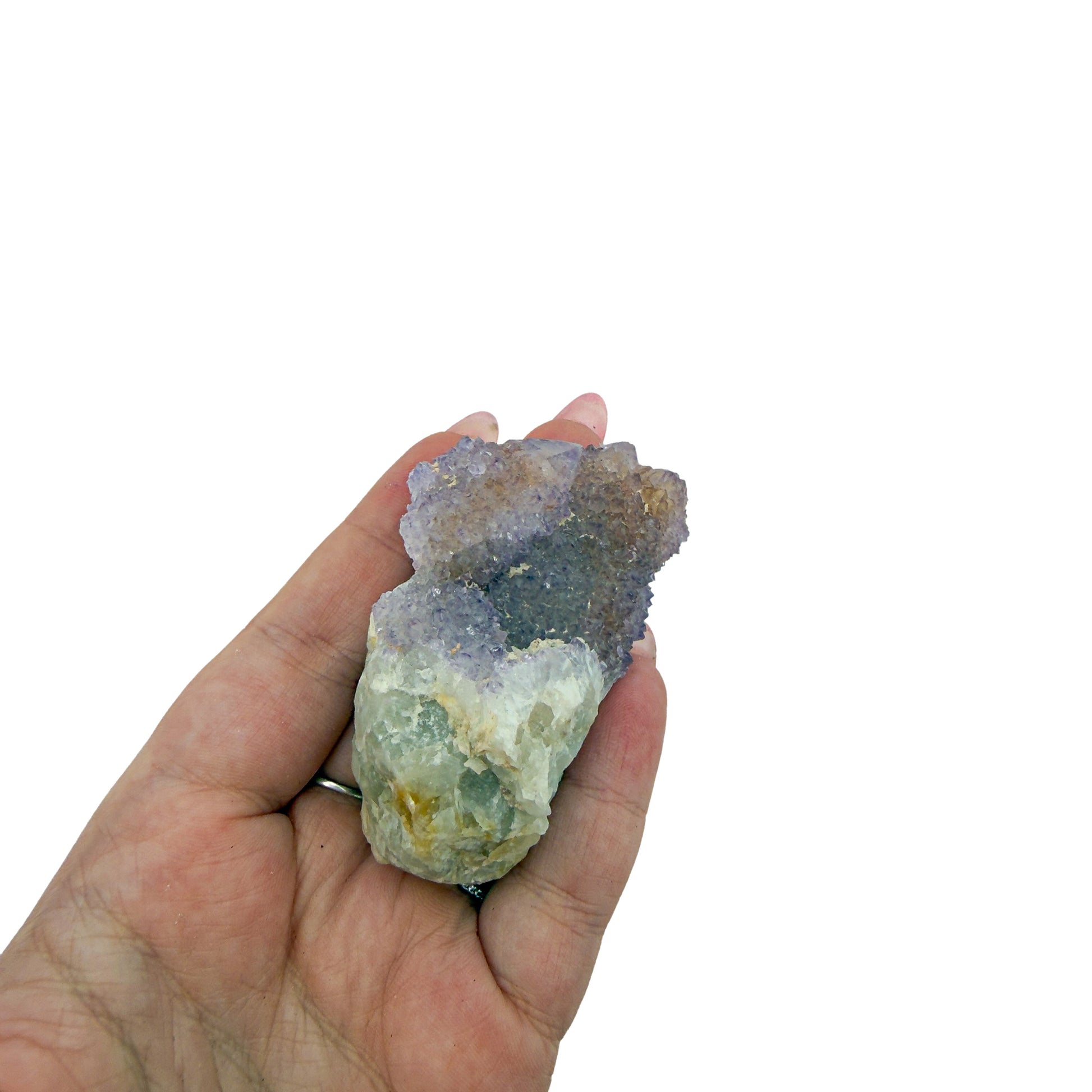 AA-grade cactus spirit quartz specimen from Mpumalanga South Africa, held in an open hand, showing true scale, 2.61 in L x 1.23 in W x 1.26 in H, 0.20 pounds, specimen 4.