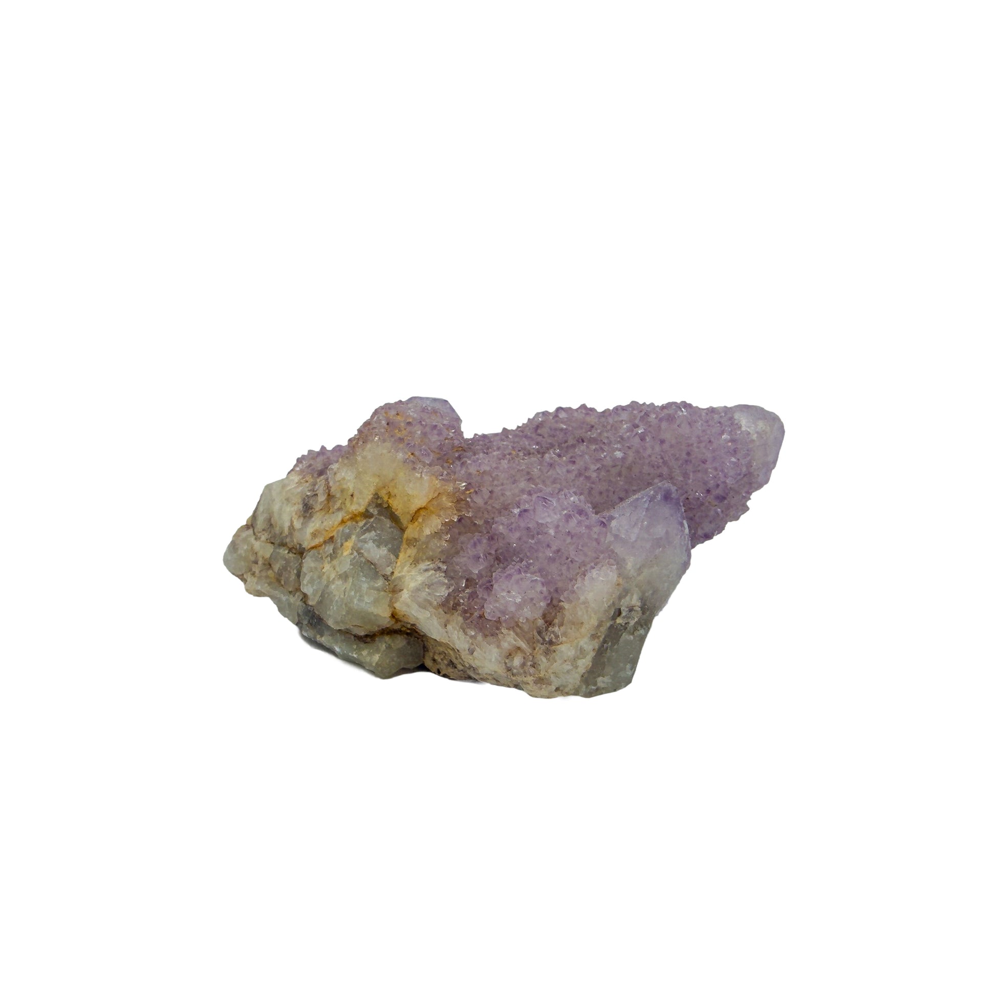 AA-grade cactus spirit quartz specimen from Mpumalanga South Africa, angled three-quarter view showing depth of the crystal coating, 2.06 in L x 1.77 in W x 0.86 in H, 0.15 pounds, specimen 5.