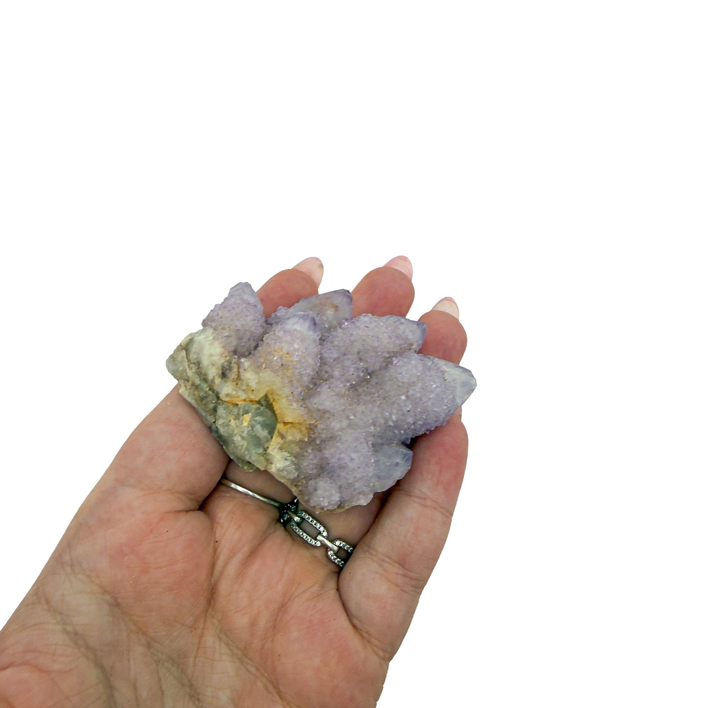 AA-grade cactus spirit quartz specimen from Mpumalanga South Africa, held in an open hand, showing true scale, 2.06 in L x 1.77 in W x 0.86 in H, 0.15 pounds, specimen 5.
