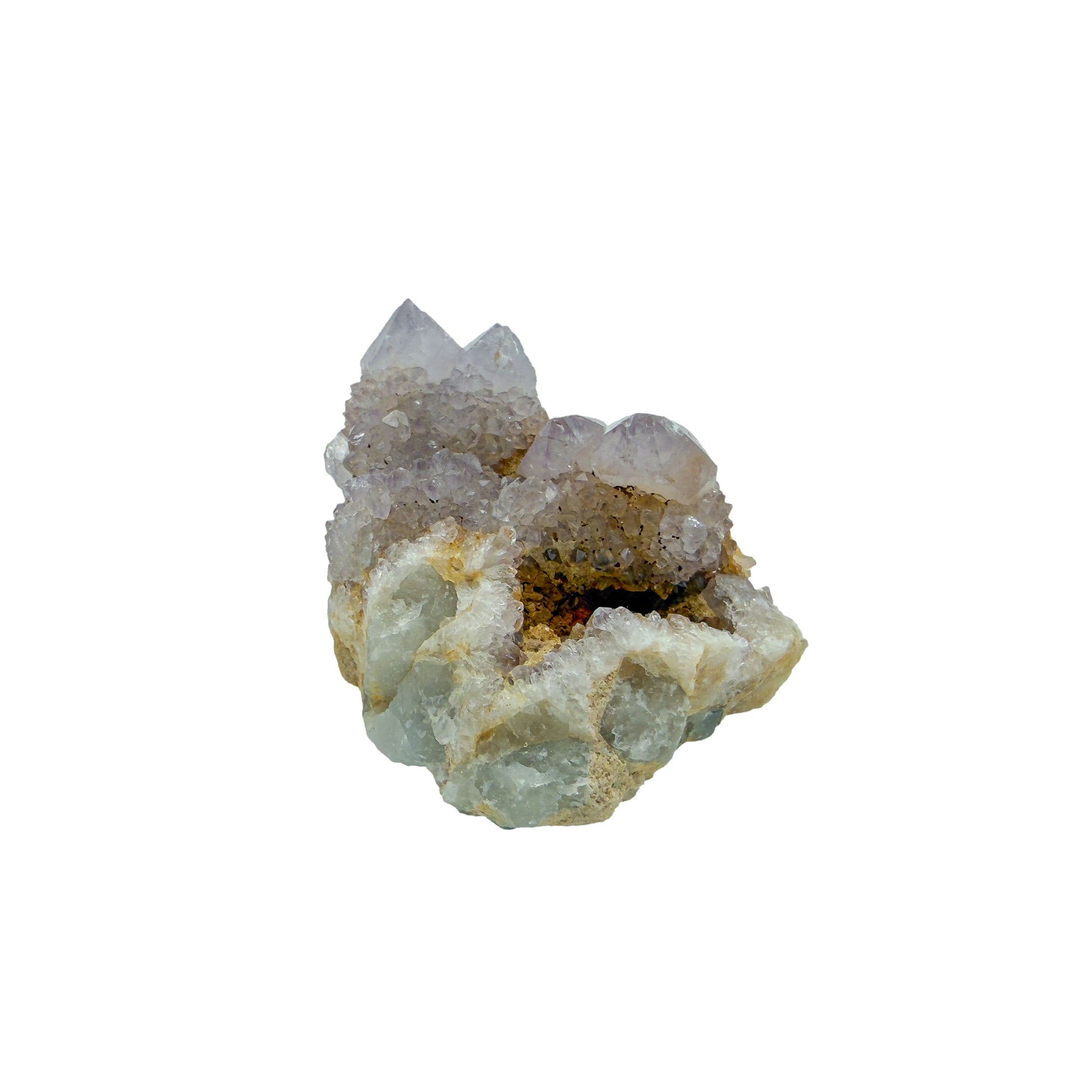 AA-grade cactus spirit quartz specimen from Mpumalanga South Africa, angled three-quarter view showing depth of the crystal coating, 1.99 in L x 1.46 in W x 1.48 in H, 0.18 pounds, specimen 6.