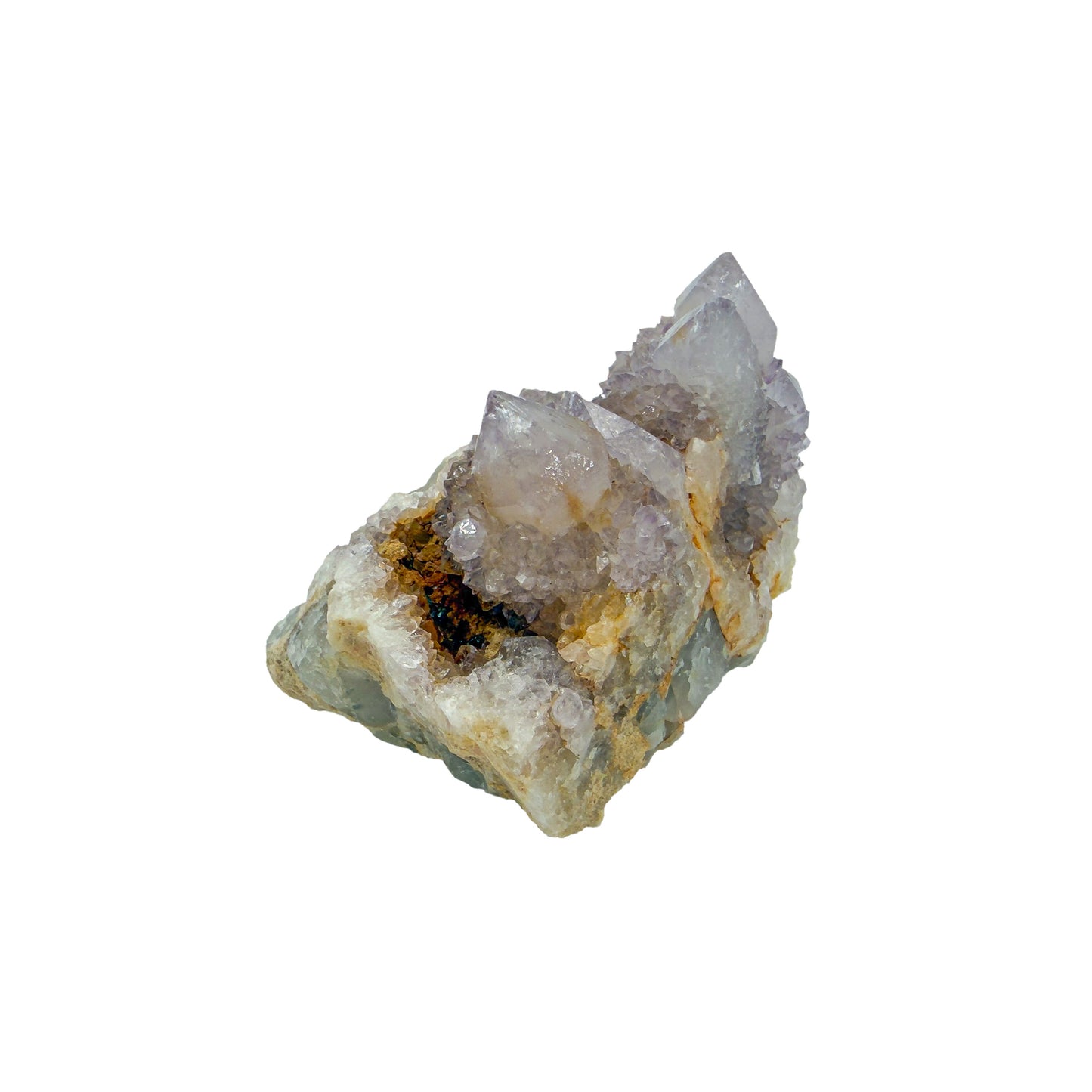 AA-grade cactus spirit quartz specimen from Mpumalanga South Africa, left profile, individual spirit quartz points catching the light, 1.99 in L x 1.46 in W x 1.48 in H, 0.18 pounds, specimen 6.