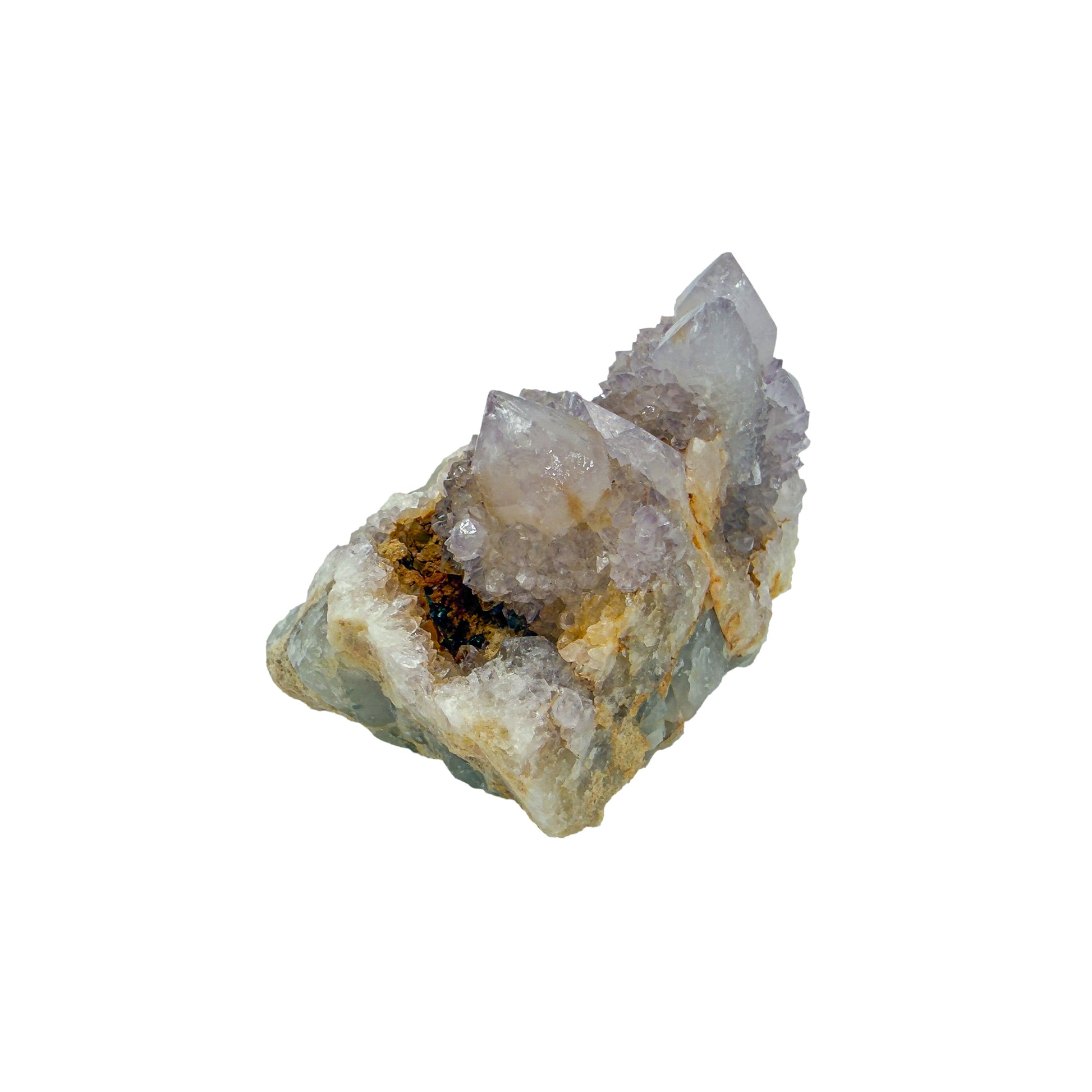 AA-grade cactus spirit quartz specimen from Mpumalanga South Africa, left profile, individual spirit quartz points catching the light, 1.99 in L x 1.46 in W x 1.48 in H, 0.18 pounds, specimen 6.