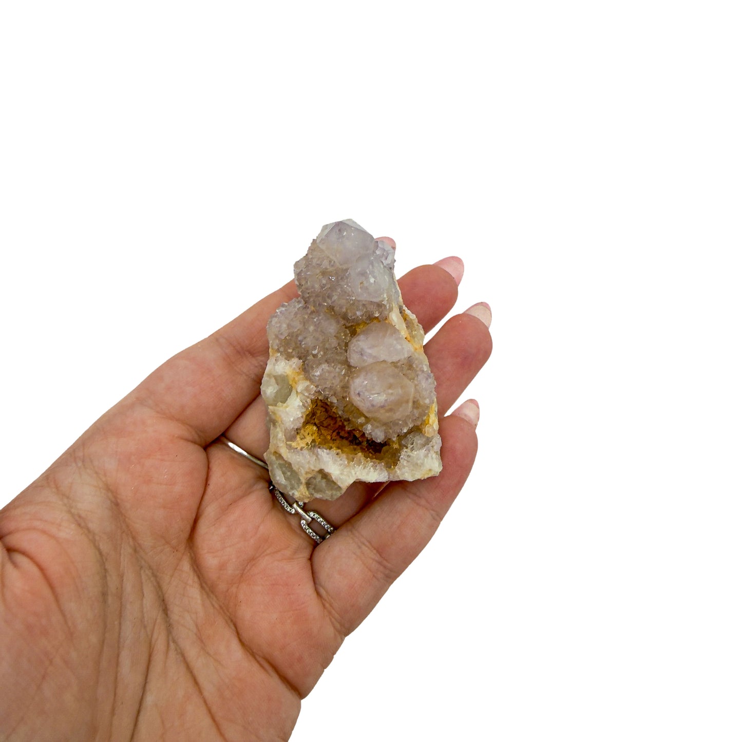 AA-grade cactus spirit quartz specimen from Mpumalanga South Africa, held in an open hand, showing true scale, 1.99 in L x 1.46 in W x 1.48 in H, 0.18 pounds, specimen 6.