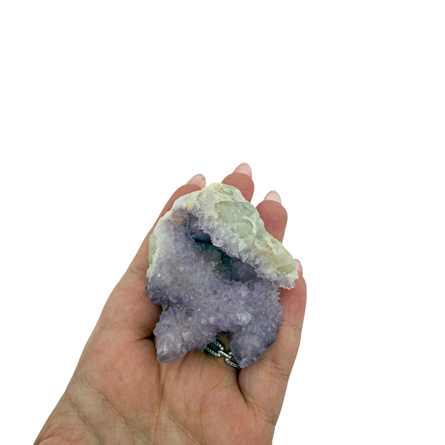 AA-grade cactus spirit quartz specimen from Mpumalanga South Africa, held in an open hand, showing true scale, 2.01 in L x 2.48 in W x 1.21 in H, 0.23 pounds, specimen 7.