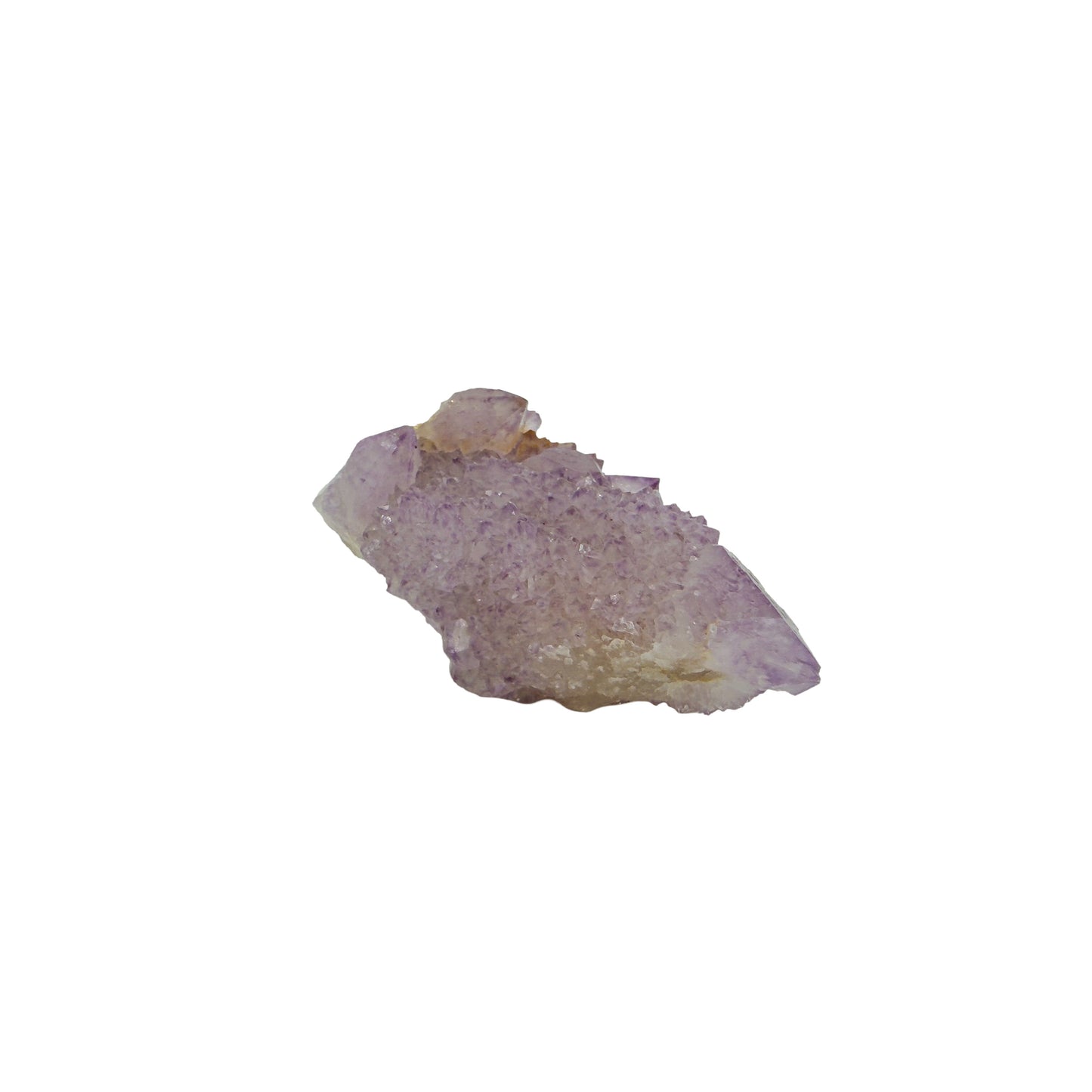 AA-grade cactus spirit quartz specimen from Mpumalanga South Africa, angled three-quarter view showing depth of the crystal coating, 2.69 in L x 1.26 in W x 1.07 in H, 0.14 pounds, specimen 8.