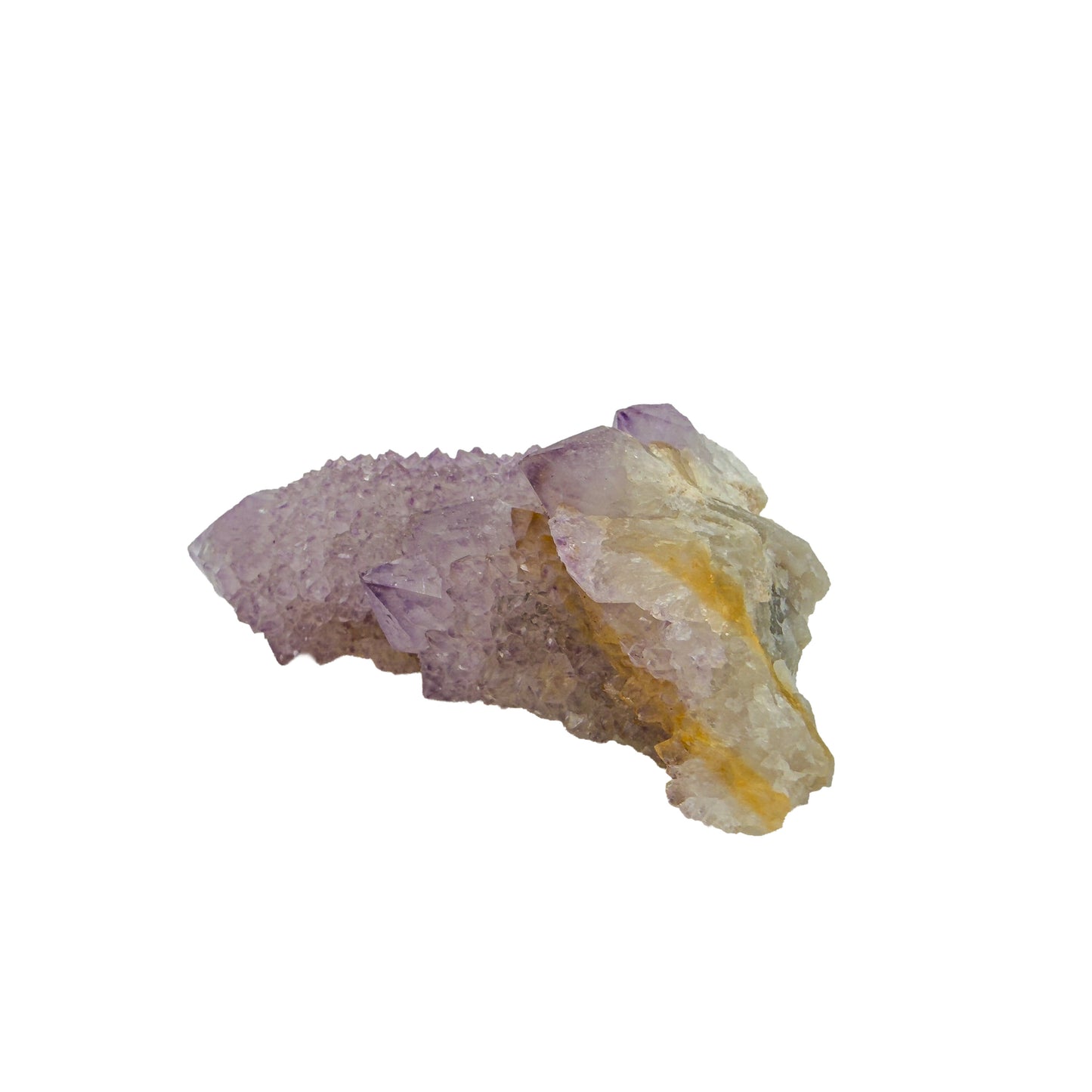 AA-grade cactus spirit quartz specimen from Mpumalanga South Africa, right profile, lavender and clear terminations across the body, 2.69 in L x 1.26 in W x 1.07 in H, 0.14 pounds, specimen 8.