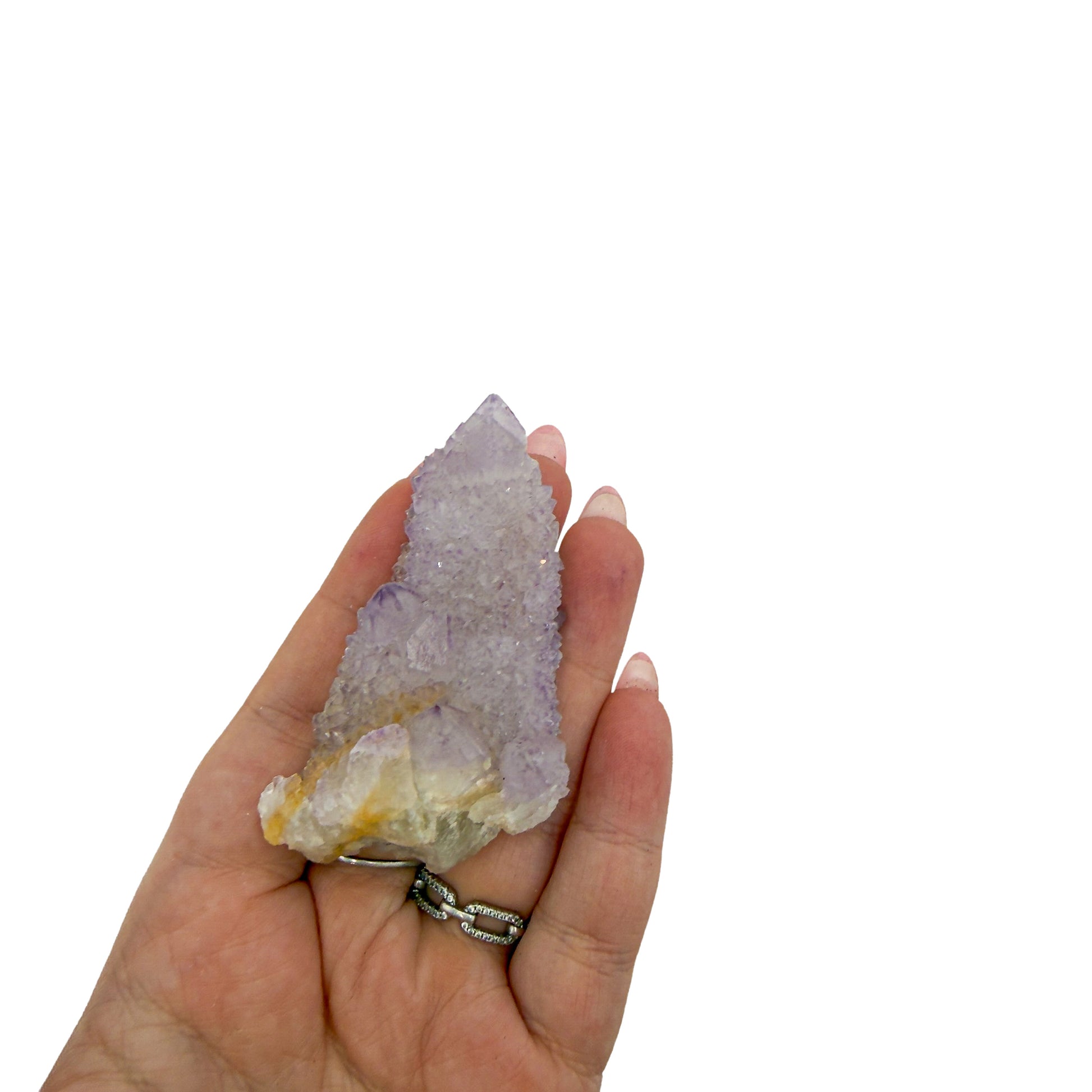 AA-grade cactus spirit quartz specimen from Mpumalanga South Africa, held in an open hand, showing true scale, 2.69 in L x 1.26 in W x 1.07 in H, 0.14 pounds, specimen 8.
