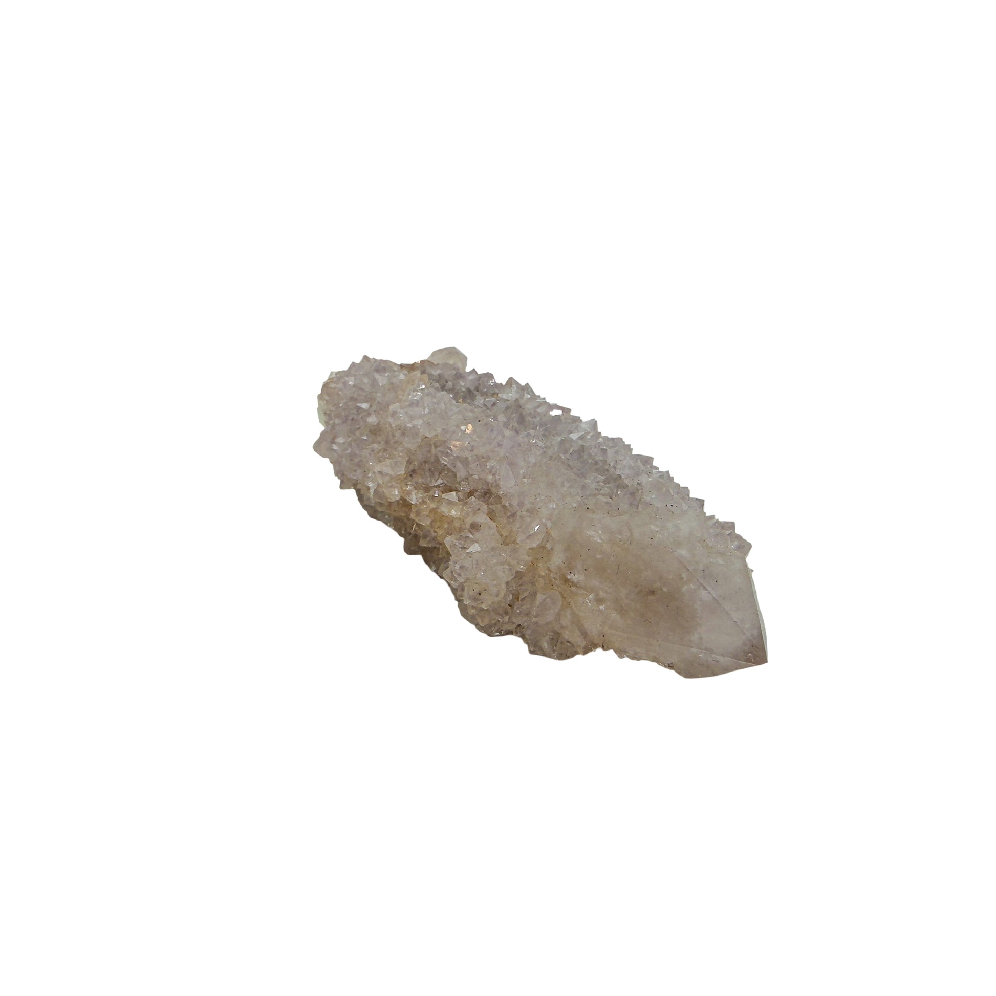 AA-grade cactus spirit quartz specimen from Mpumalanga South Africa, angled three-quarter view showing depth of the crystal coating, 2.95 in L x 1.08 in W x 0.79 in H, 0.13 pounds, specimen 9.