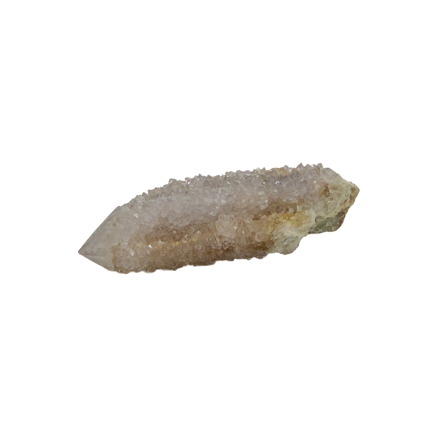 AA-grade cactus spirit quartz specimen from Mpumalanga South Africa, left profile, individual spirit quartz points catching the light, 2.95 in L x 1.08 in W x 0.79 in H, 0.13 pounds, specimen 9.