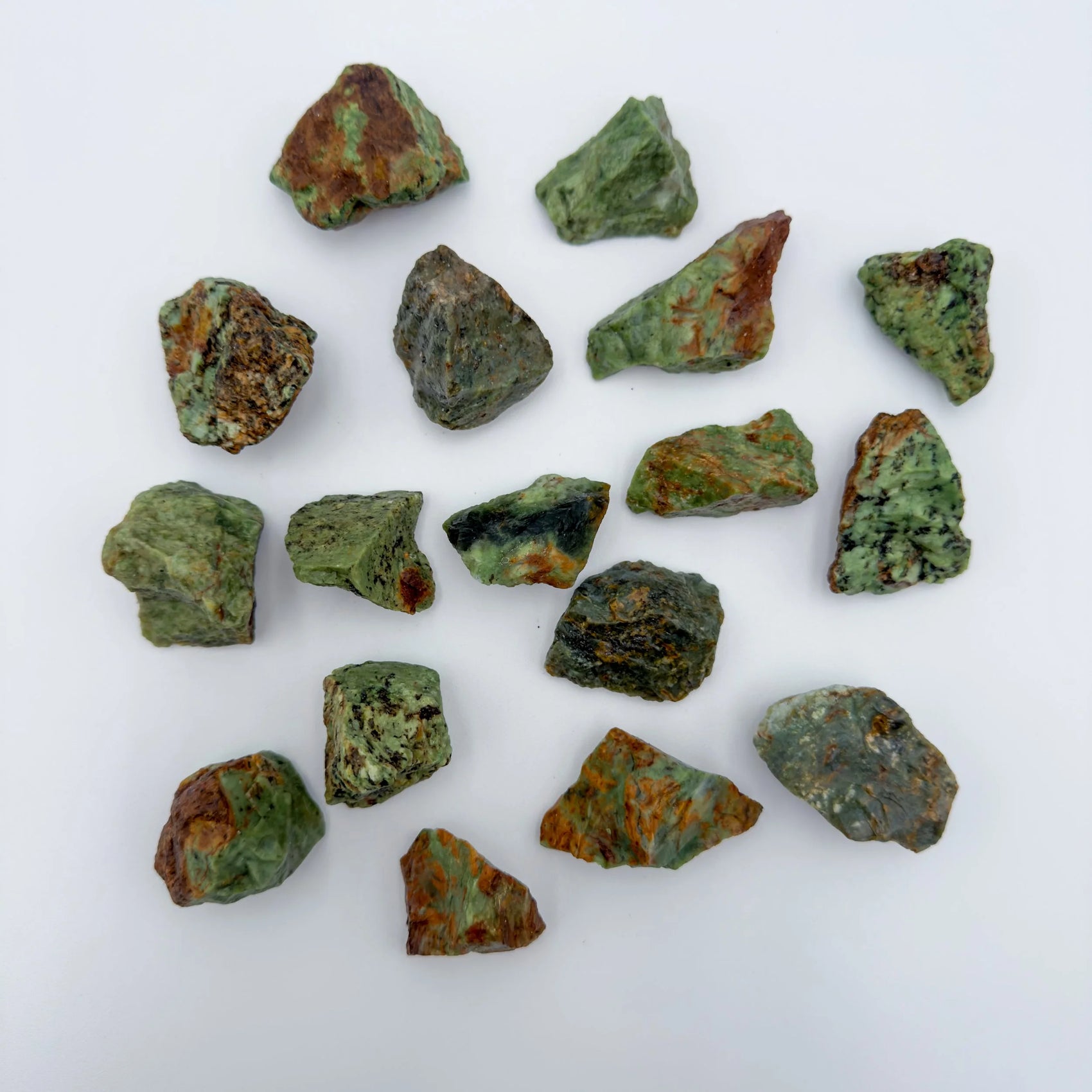 Close-up of Chrysoprase raw stone from Madagascar, soothing wellness stone for Emotional Healing