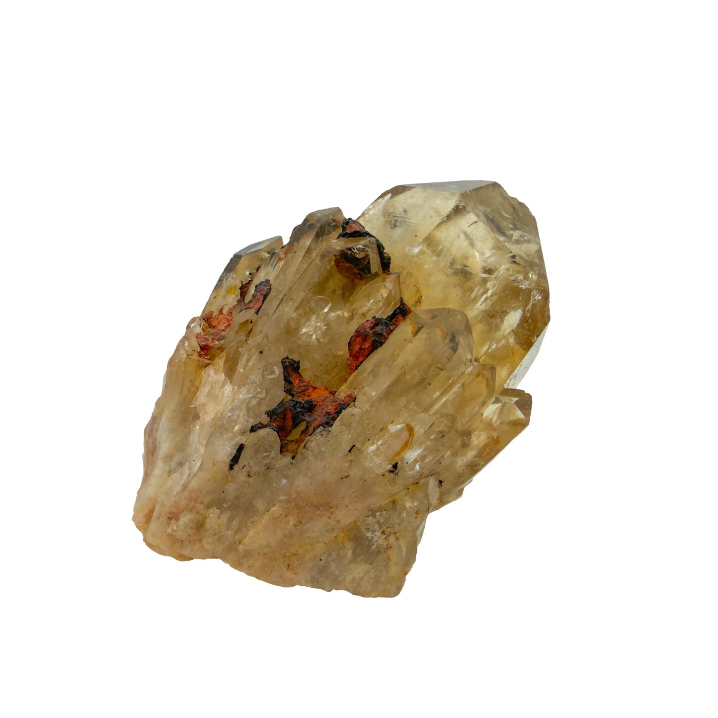 Natural citrine cluster no. 1 photographed at the angled three-quarter view, 1.91 by 1.85 by 2.81 inches, untreated Congo material.