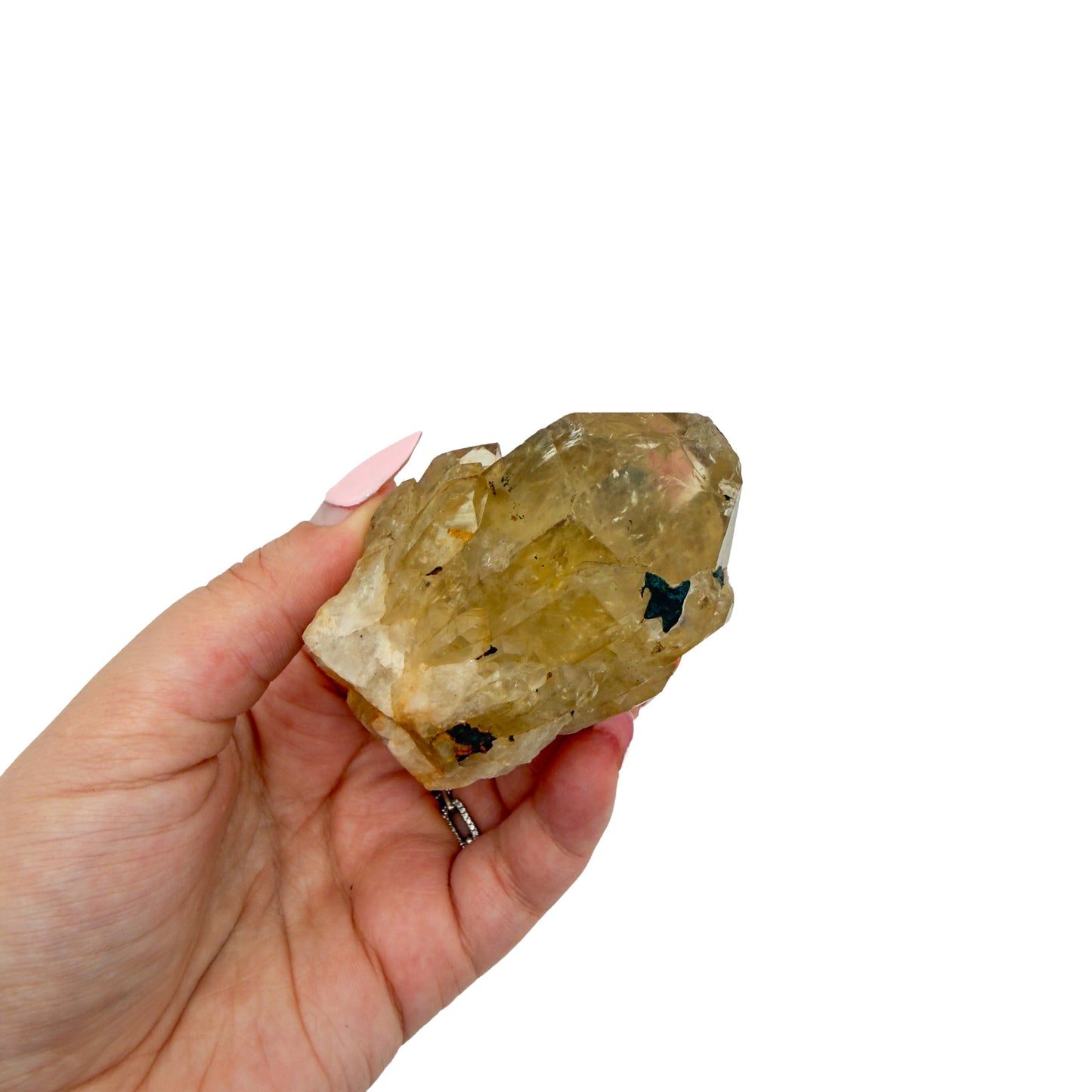 Natural citrine cluster no. 1 held in an open hand, showing the true scale of this 1.91 inch, 0.44 pound piece.