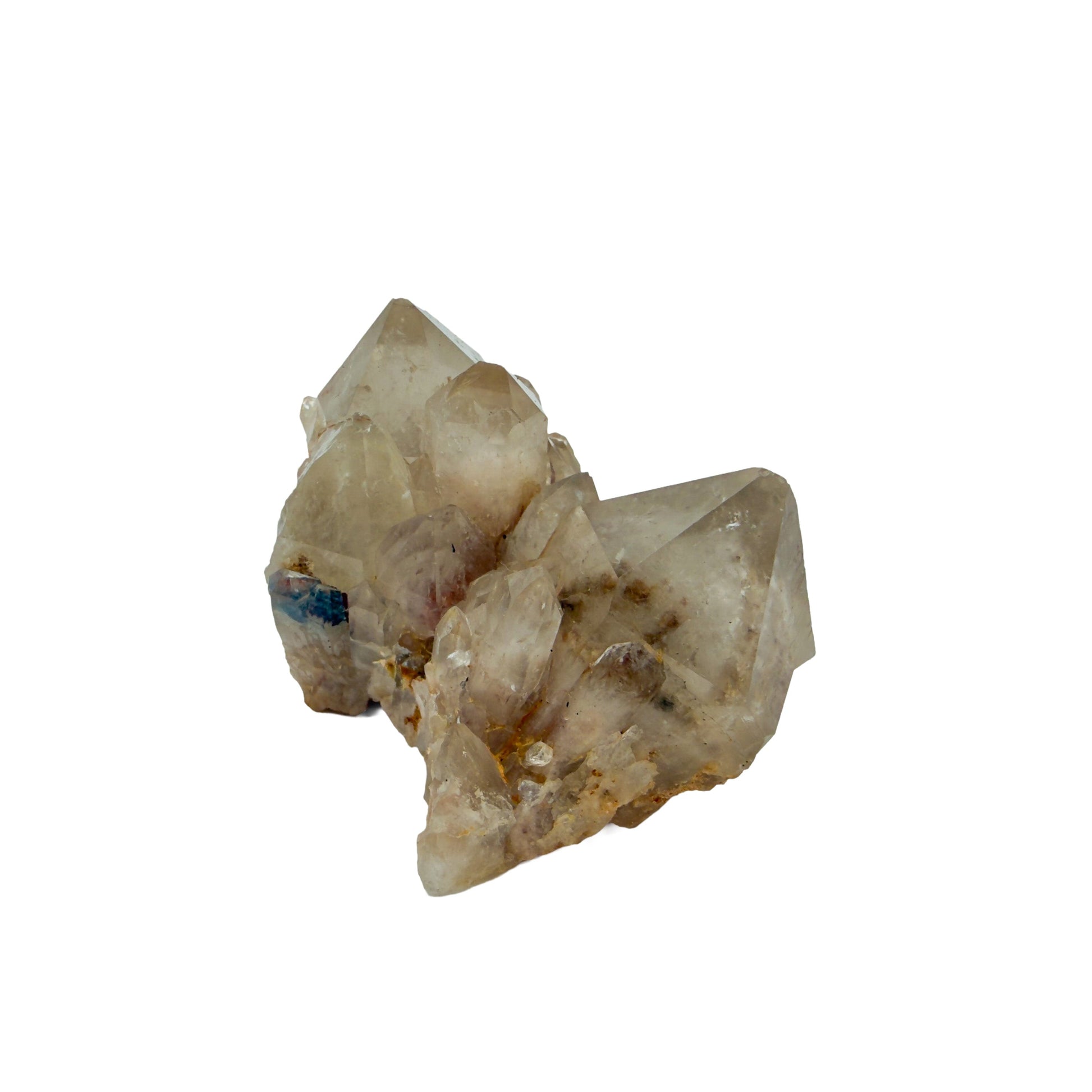 Angled three-quarter view of natural citrine no. 4, 2.46 inches across, terminations catching light along the top edge.