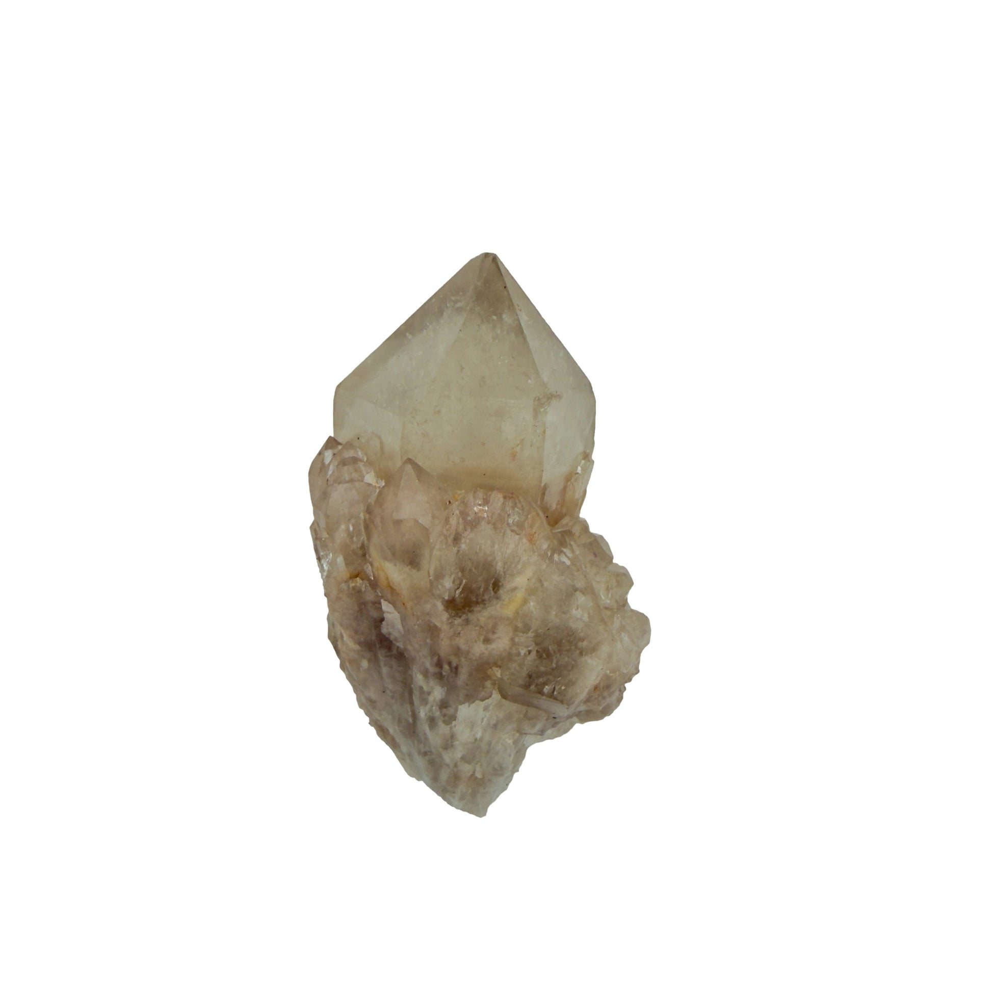 Natural citrine cluster no. 5 photographed at the reverse side, 2.86 by 1.92 by 1.69 inches, untreated Congo material.