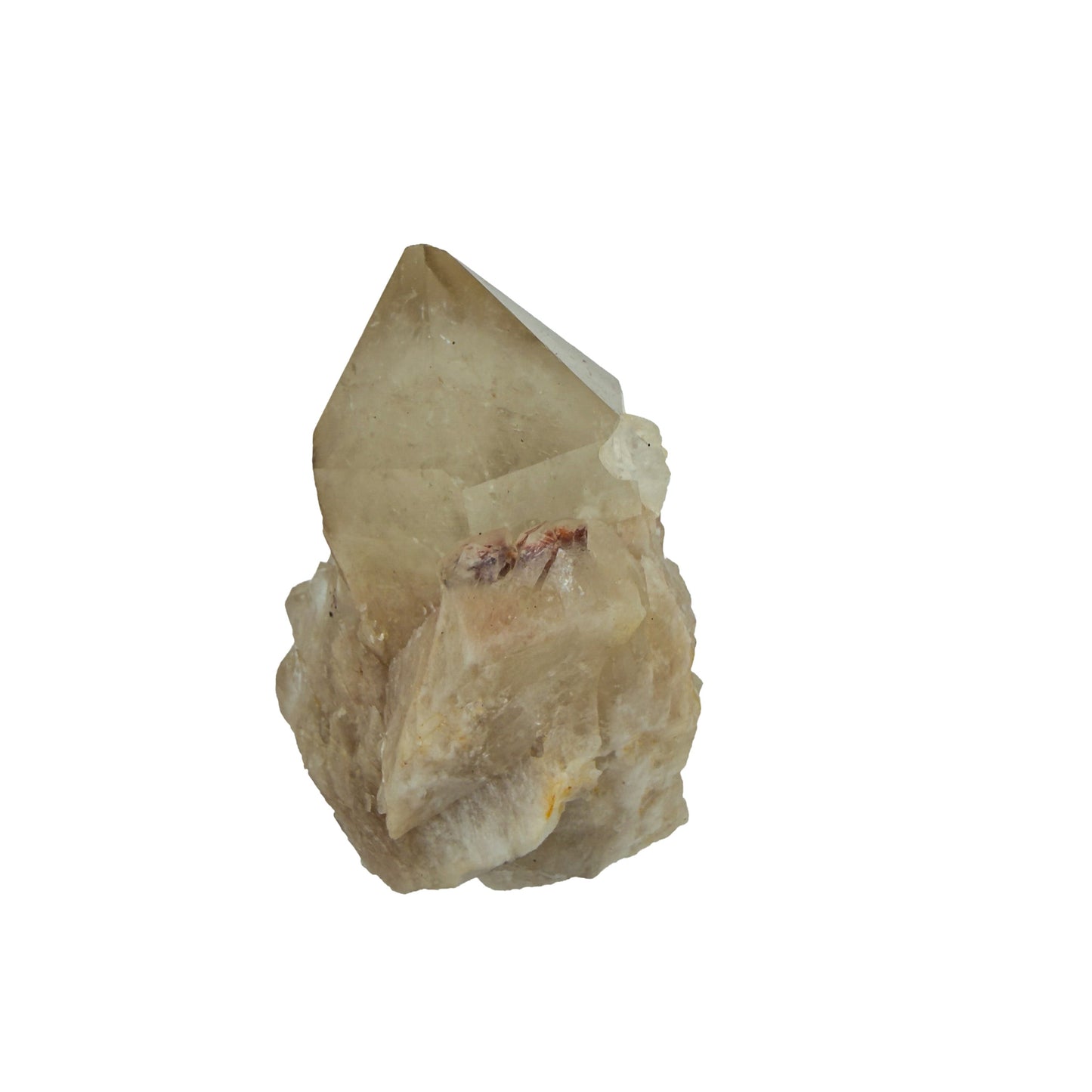 The top-down view of citrine cluster no. 5, 1.69 inches tall, soft golden colour with smoky grey zoning.