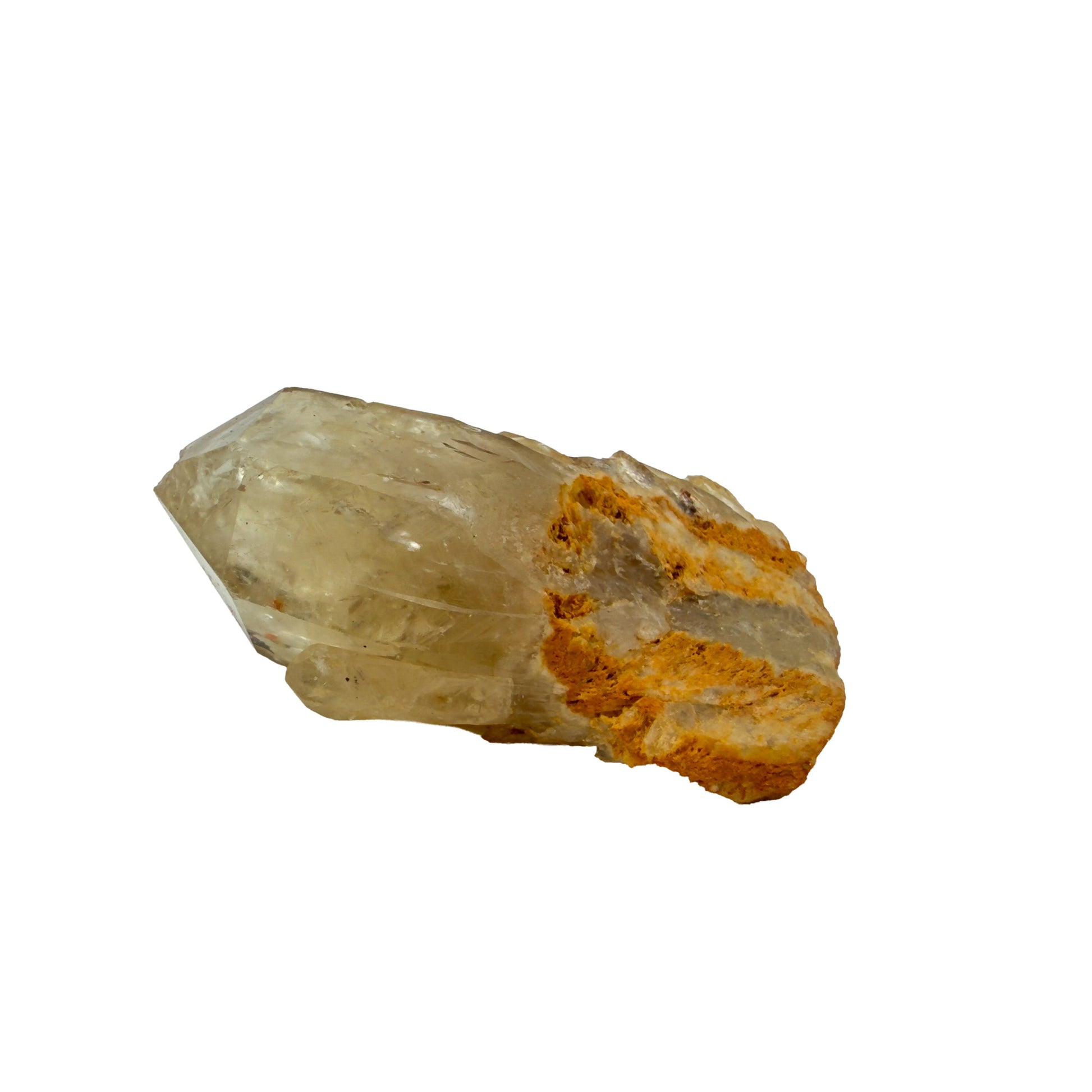 Left profile of a 0.23 pound natural citrine cluster, no. 6, showing pale amber crystal faces over a raw base.