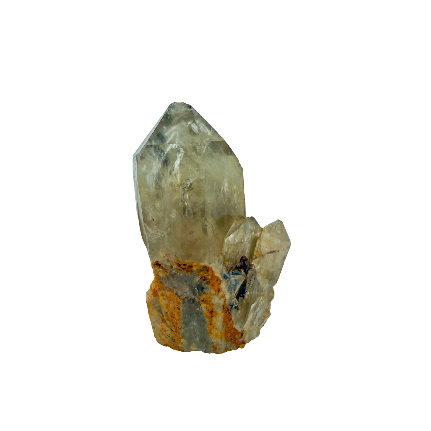The reverse side of citrine cluster no. 6, 1.26 inches tall, soft golden colour with smoky grey zoning.