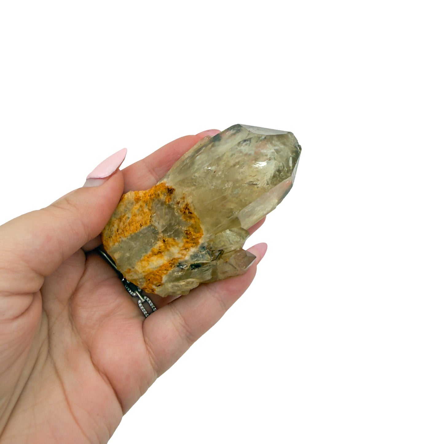 Natural citrine cluster no. 6 held in an open hand, showing the true scale of this 3.05 inch, 0.23 pound piece.