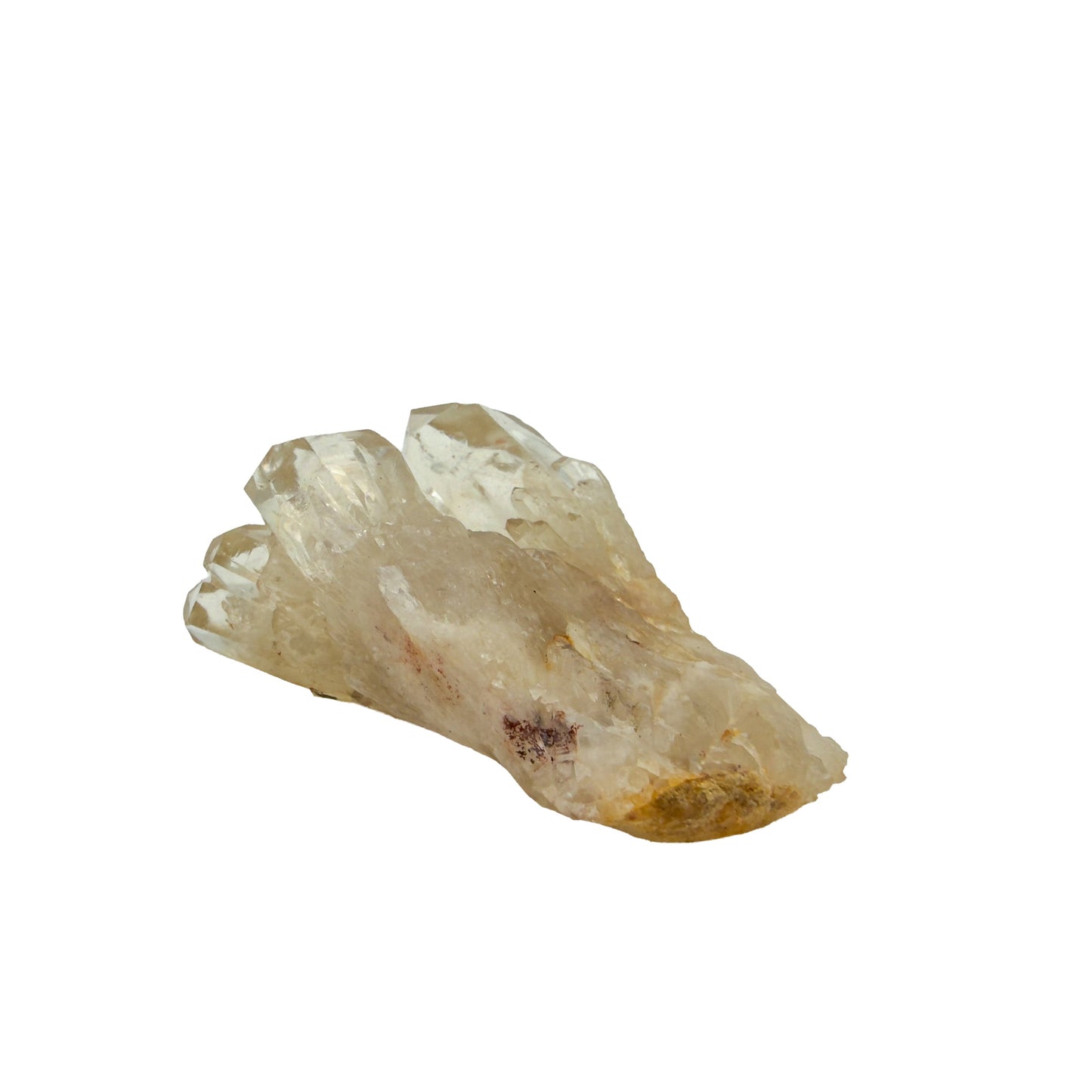 Natural citrine cluster no. 8 photographed at the angled three-quarter view, 3.34 by 2.00 by 1.29 inches, untreated Congo material.