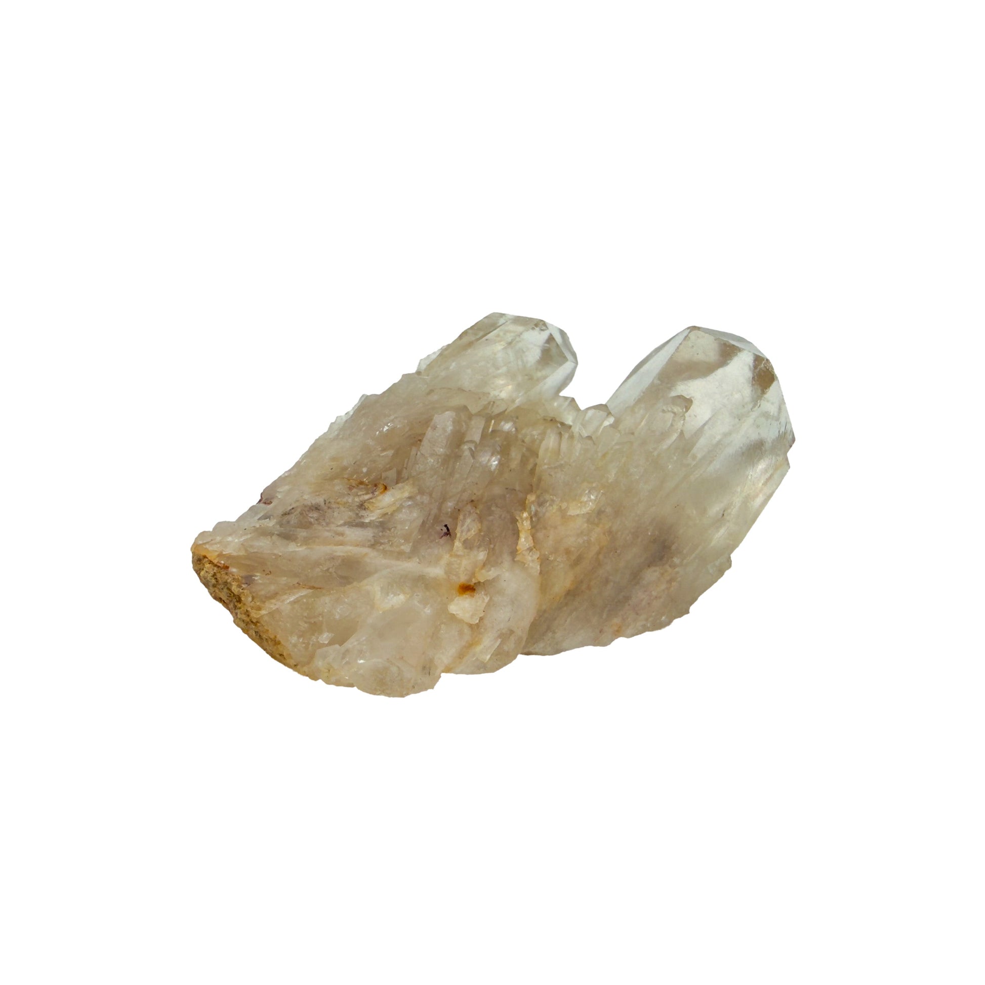 The left profile of citrine cluster no. 8, 1.29 inches tall, soft golden colour with smoky grey zoning.