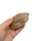 Citrine cluster no. 9 cupped in a hand, giving a sense of its 1.61 inch height and 0.39 pound weight.