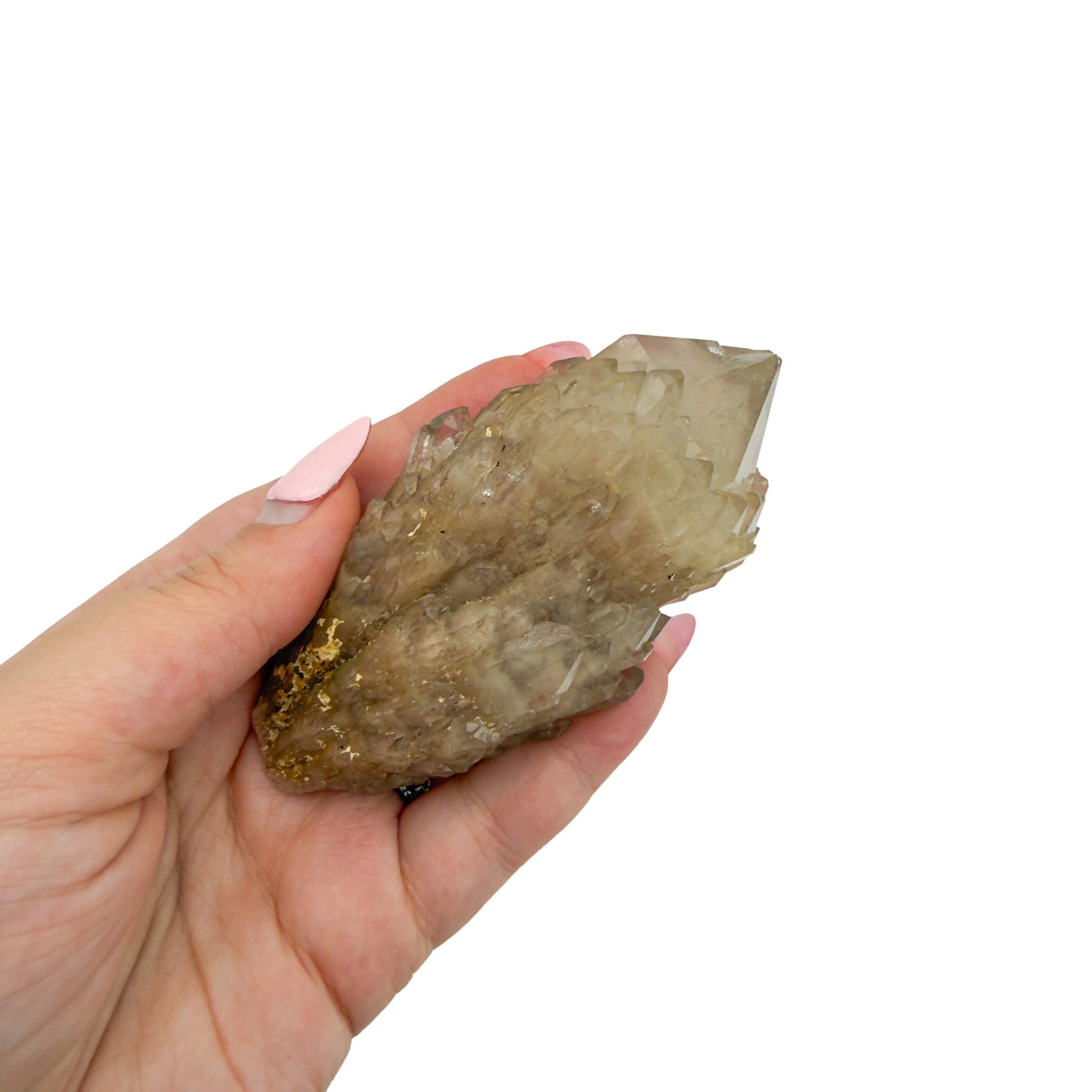 Citrine cluster no. 9 cupped in a hand, giving a sense of its 1.61 inch height and 0.39 pound weight.