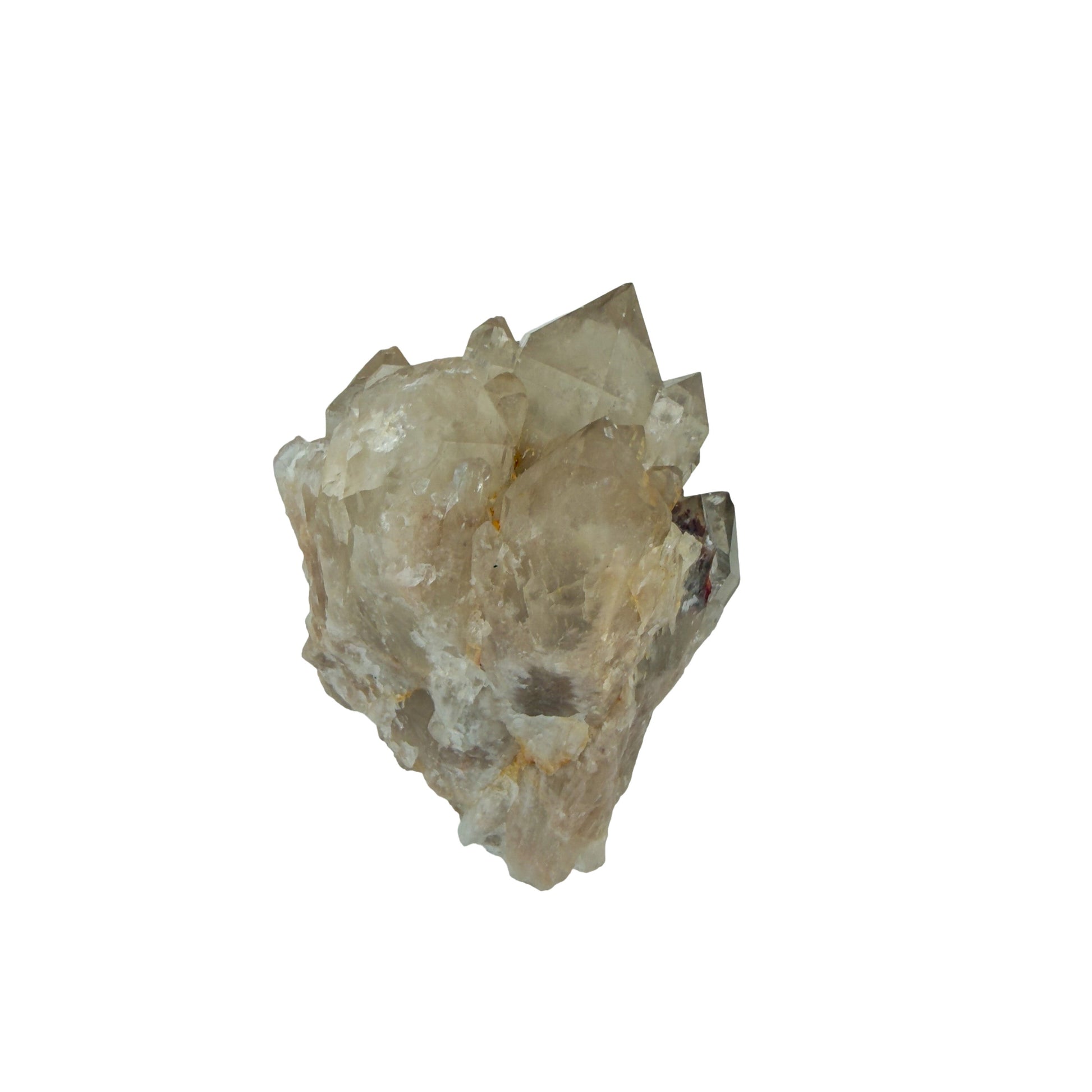 Reverse side of a 0.30 pound natural citrine cluster, no. 11, showing pale amber crystal faces over a raw base.
