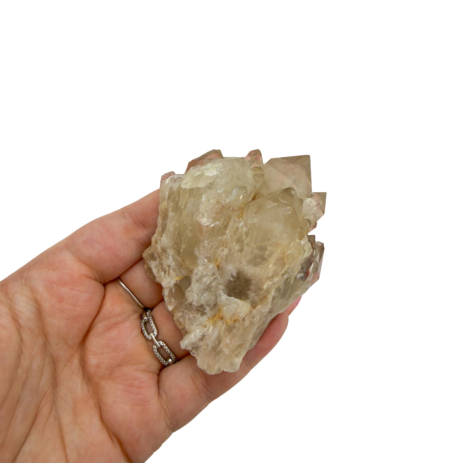 Natural citrine cluster no. 11 held in an open hand, showing the true scale of this 2.81 inch, 0.30 pound piece.