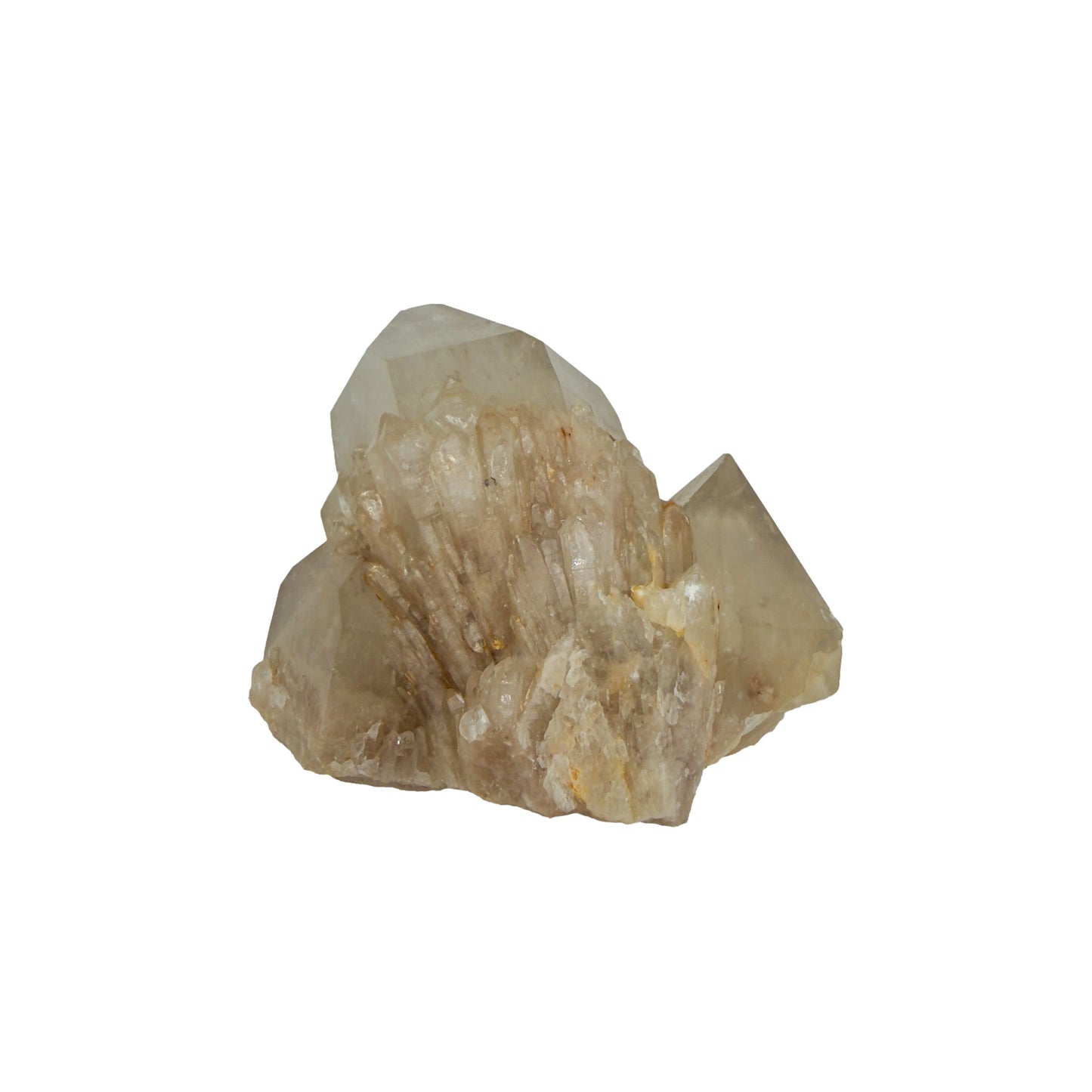 The top-down view of citrine cluster no. 12, 2.27 inches tall, soft golden colour with smoky grey zoning.