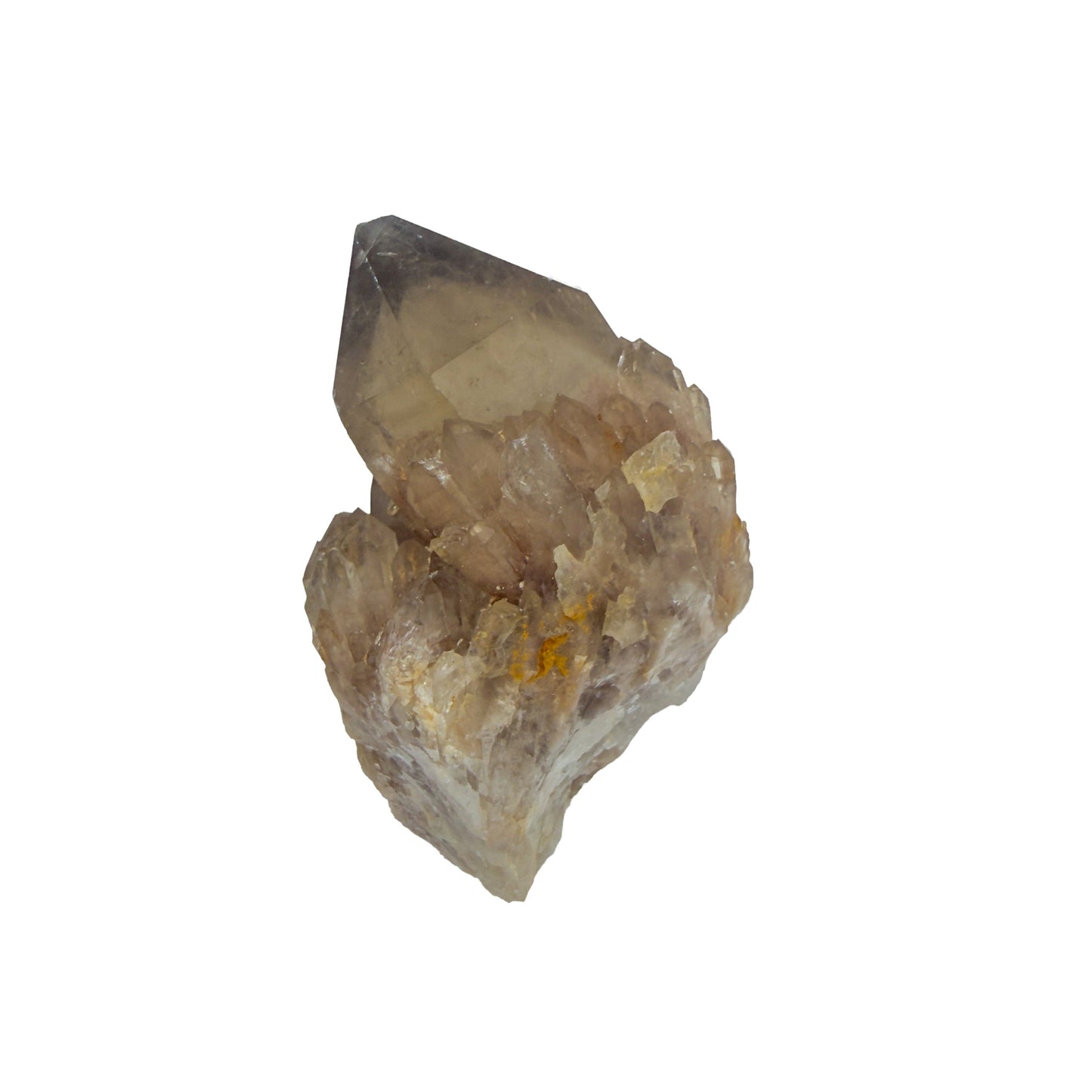 The reverse side of citrine cluster no. 13, 1.49 inches tall, soft golden colour with smoky grey zoning.
