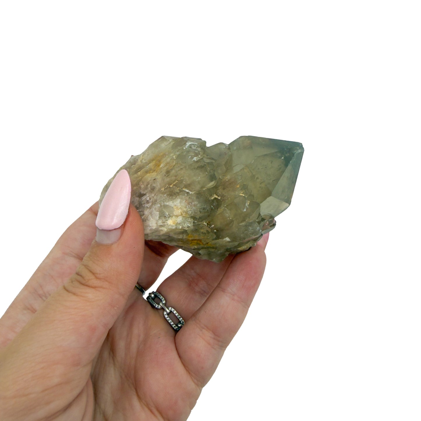 Scale reference for natural citrine no. 13: the 2.45 by 2.09 inch cluster resting in an open hand.