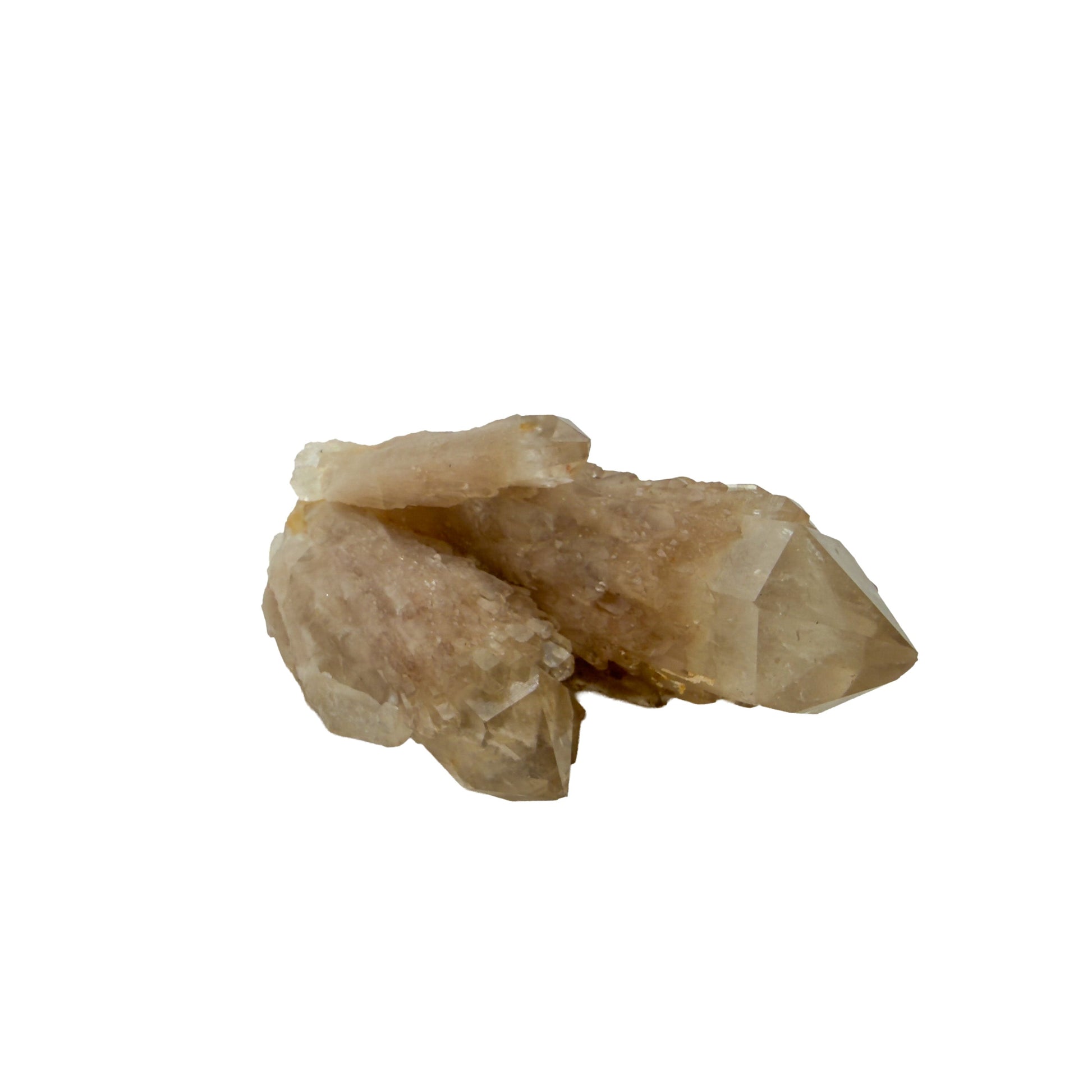 Angled three-quarter view of a 0.27 pound natural citrine cluster, no. 14, showing pale amber crystal faces over a raw base.