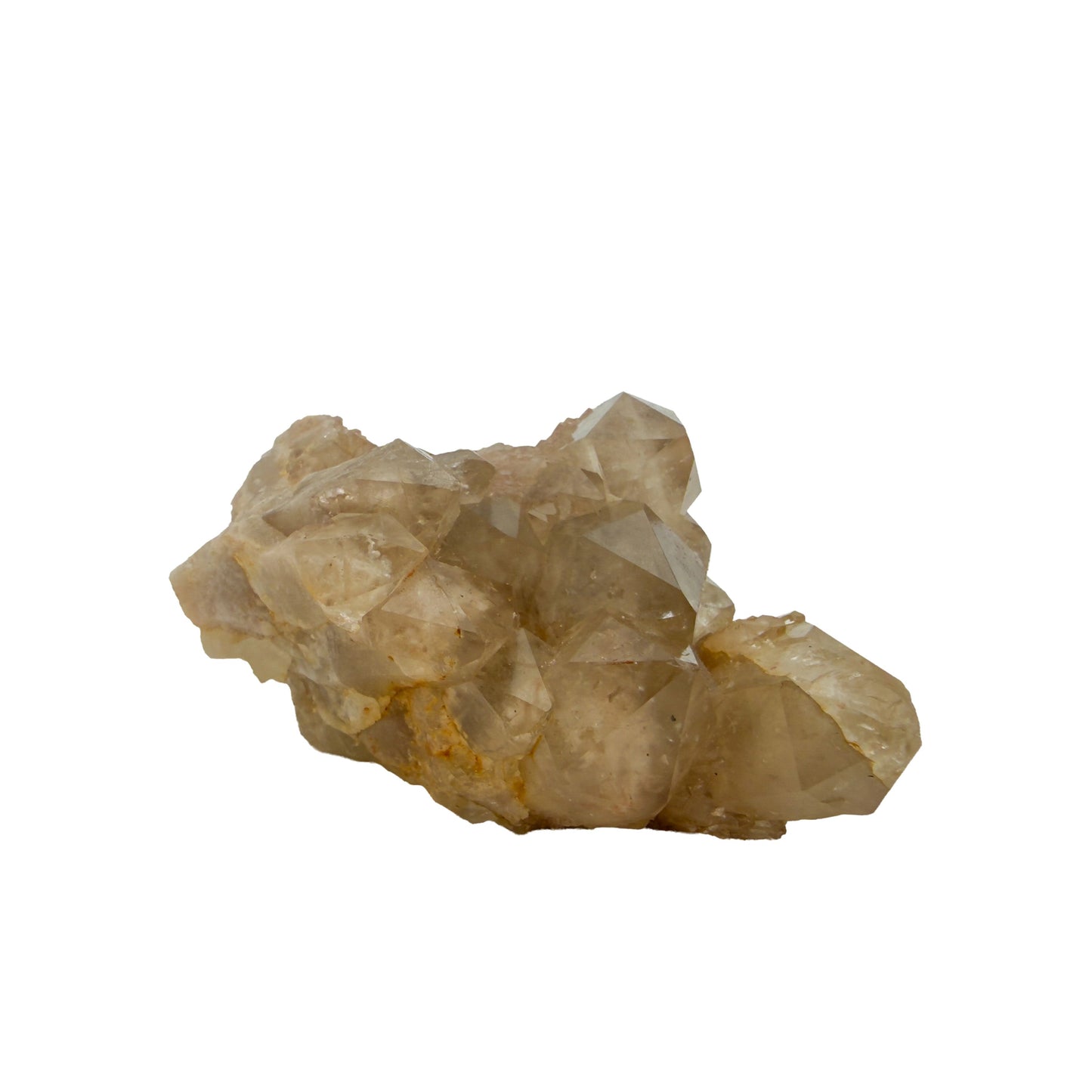 Natural citrine cluster no. 15 photographed at the angled three-quarter view, 3.52 by 1.92 by 1.61 inches, untreated Congo material.