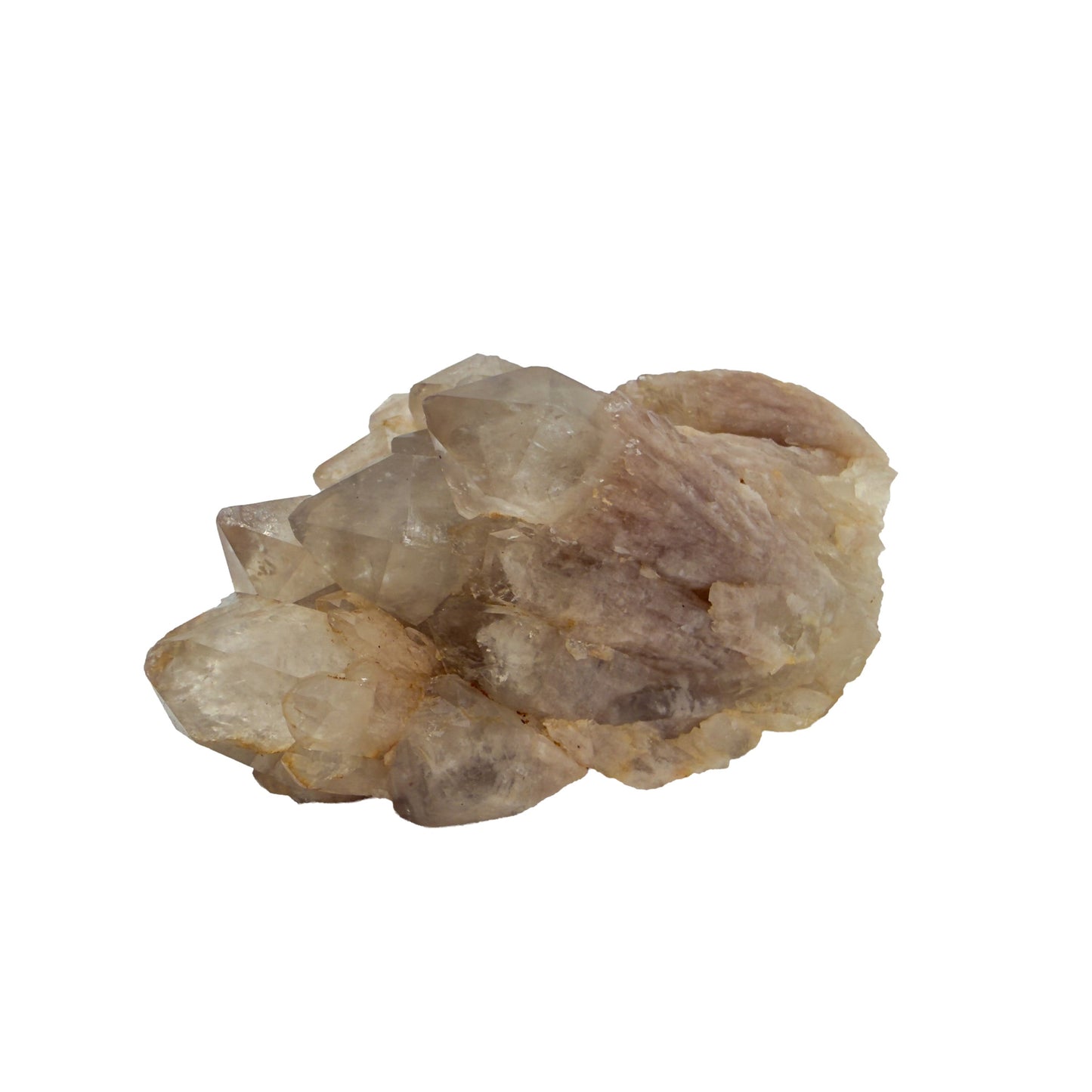 The left profile of citrine cluster no. 15, 1.61 inches tall, soft golden colour with smoky grey zoning.